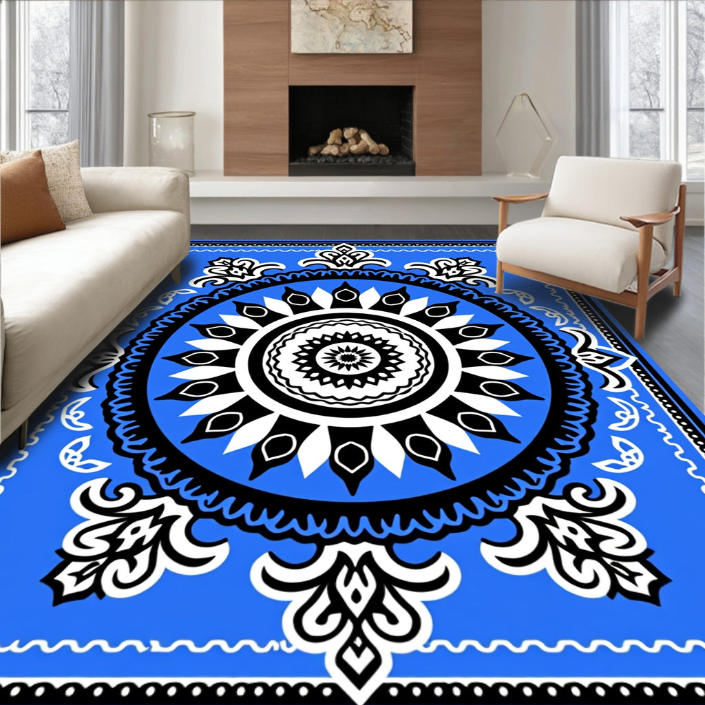 Bold Blue Black White Medallion Radiance Rug