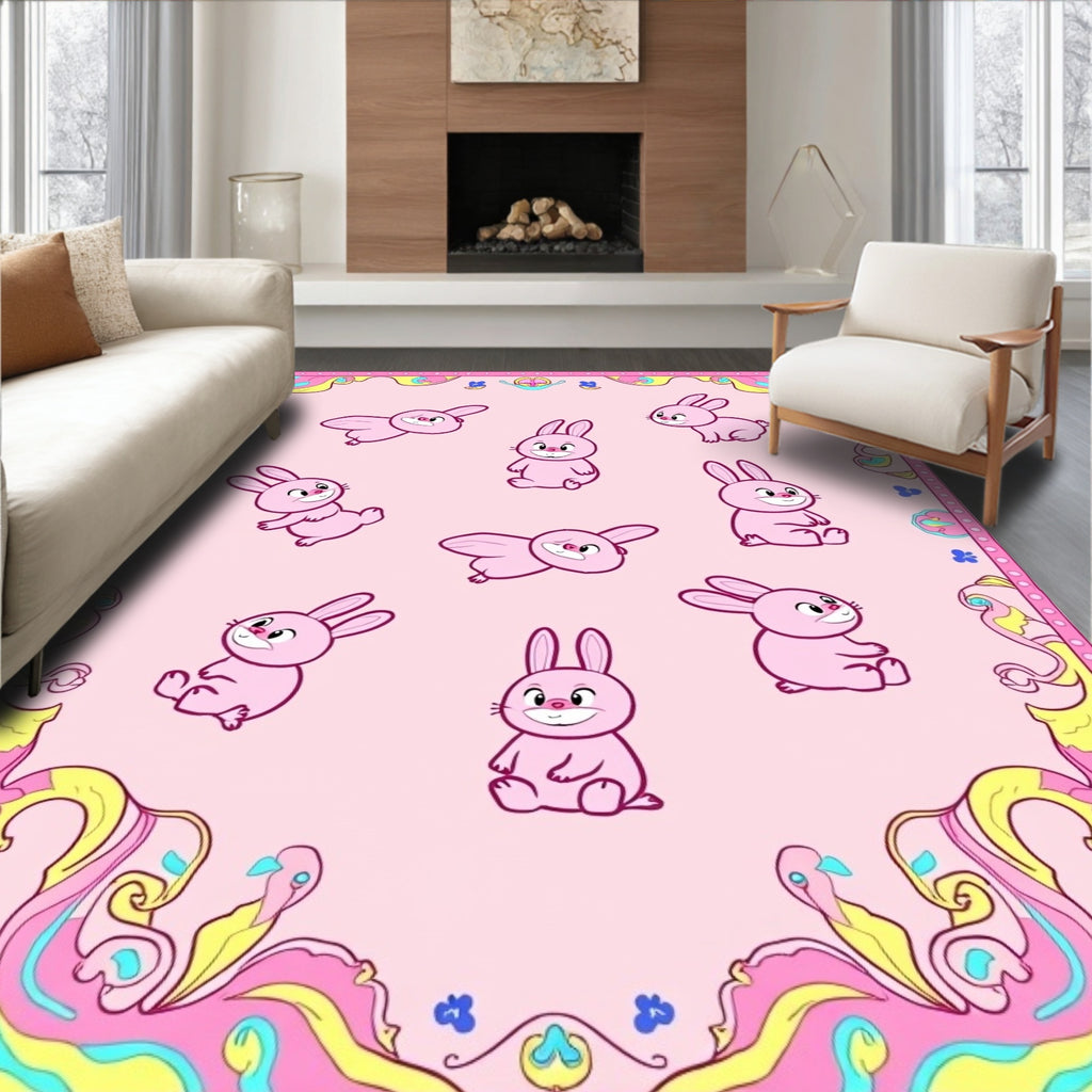 Retro Pink Bunny Swirl Frame Rug