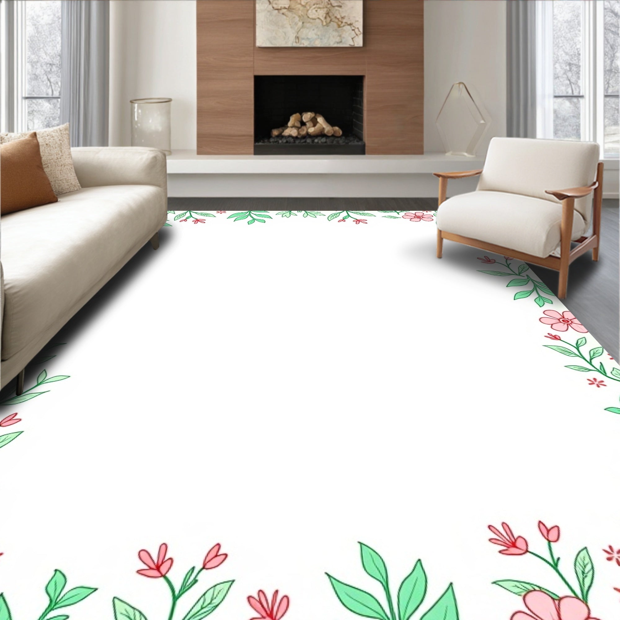 Soft Pink Floral Vine Border Rug