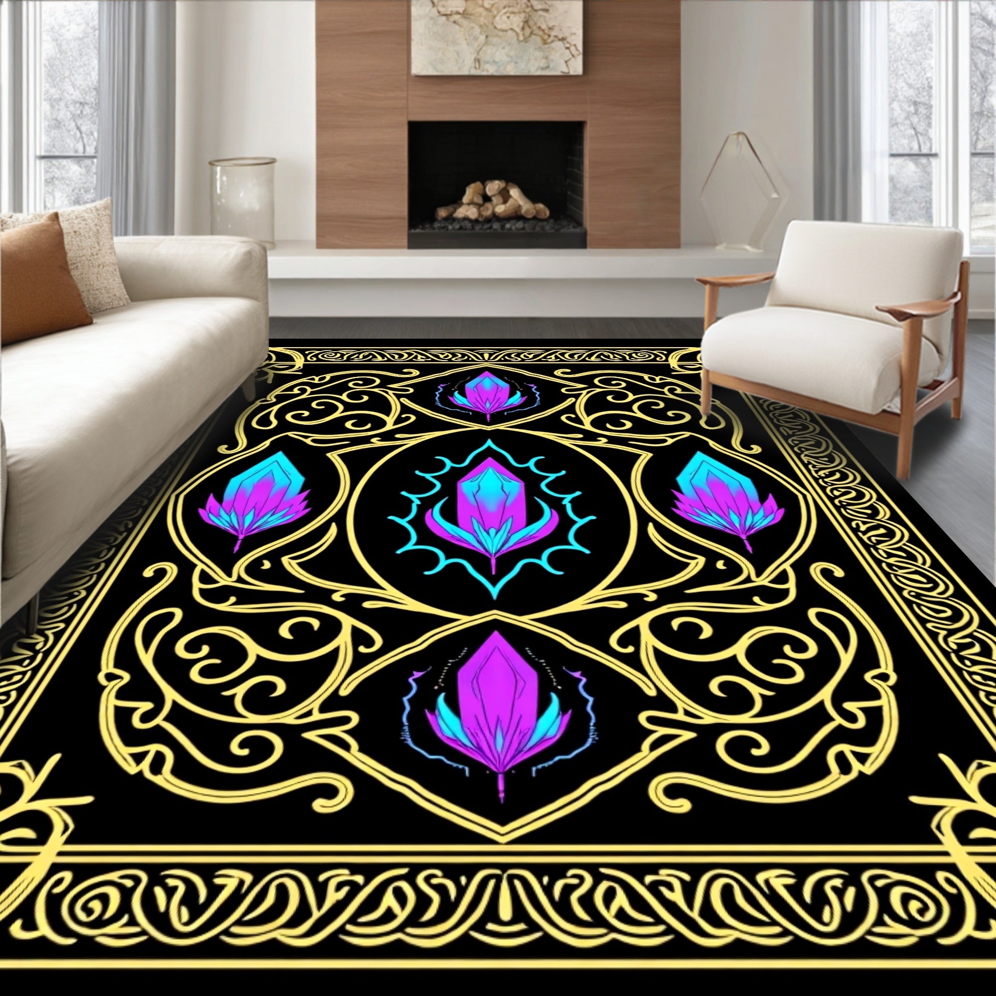 Black Yellow Crystal Floral Abstraction Rug