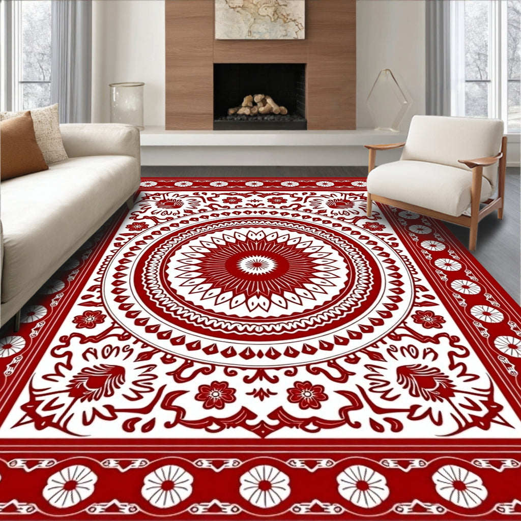 Crimson White Intricate Floral Medallion Rug