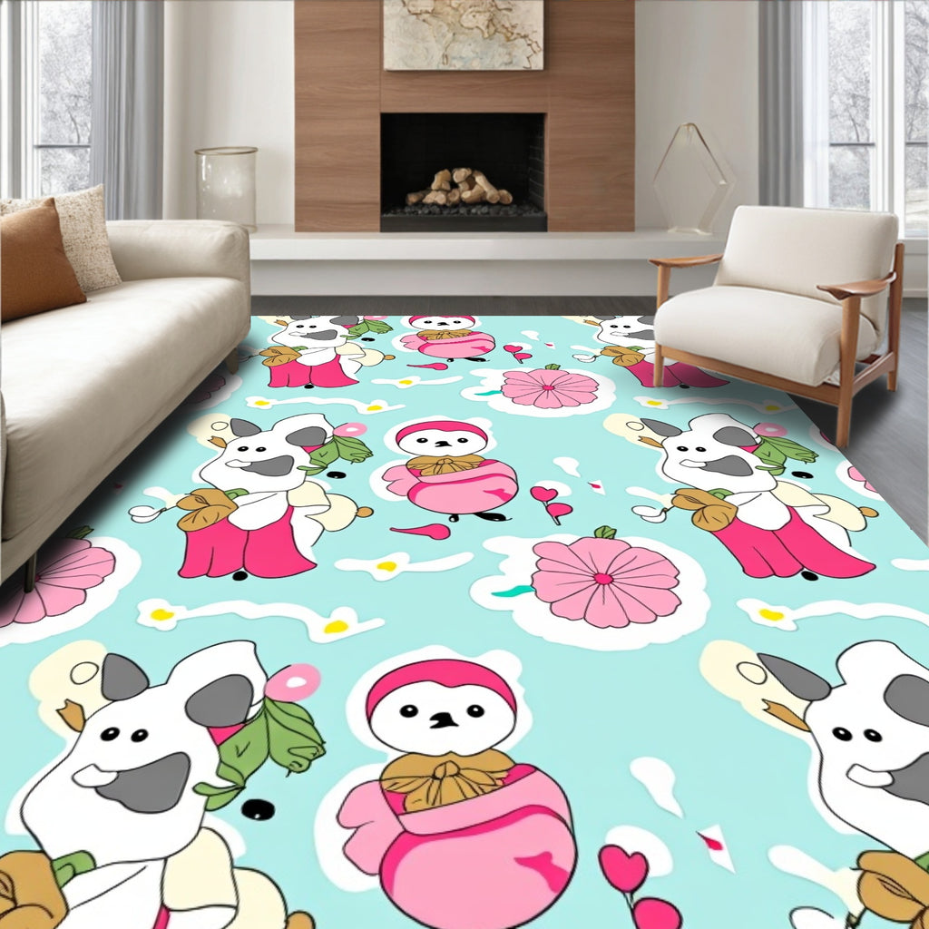 Playful pink penguin and sheep garden Rug