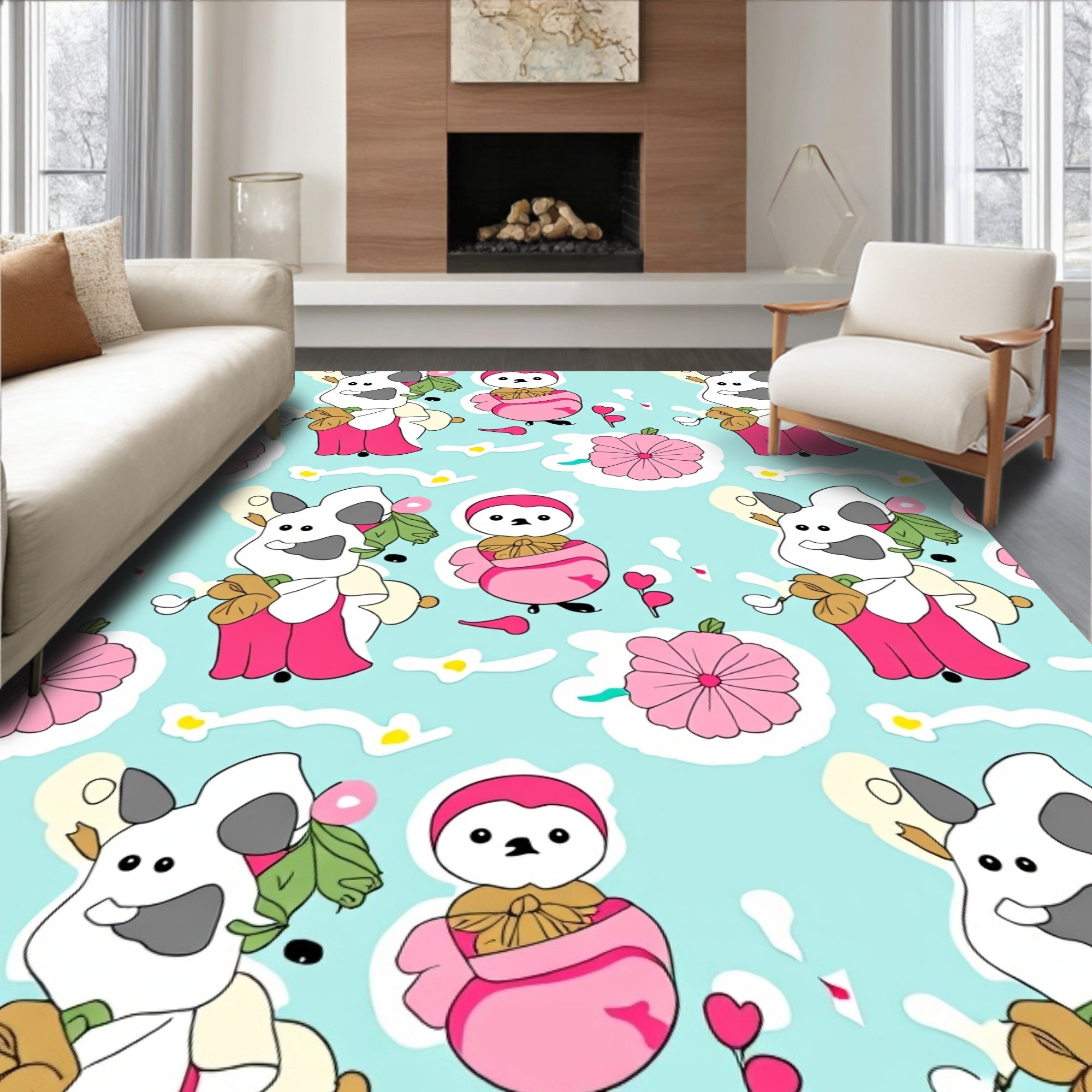 Playful pink penguin and sheep garden Rug