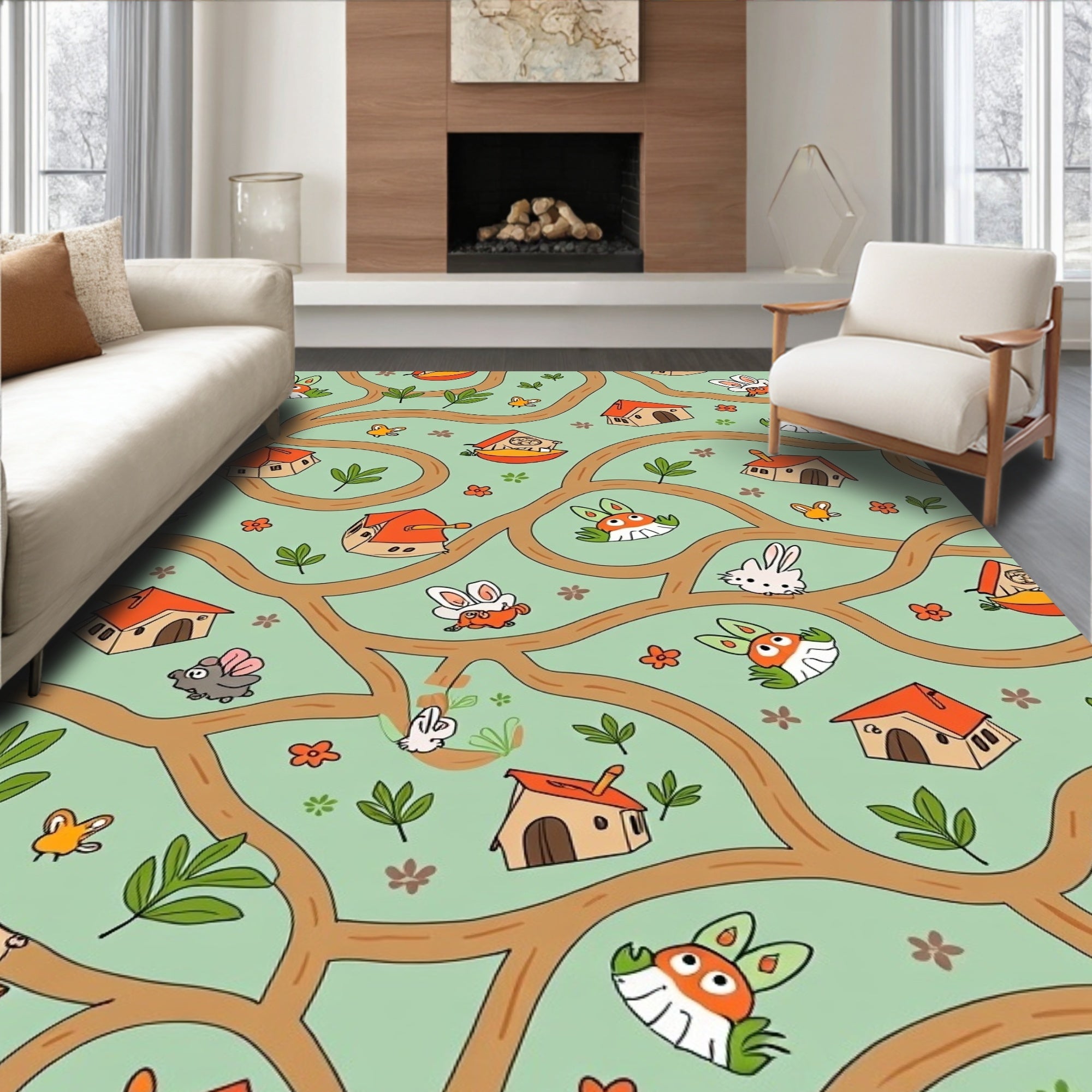 Whimsical Woodland Critters Trail Houses Rug