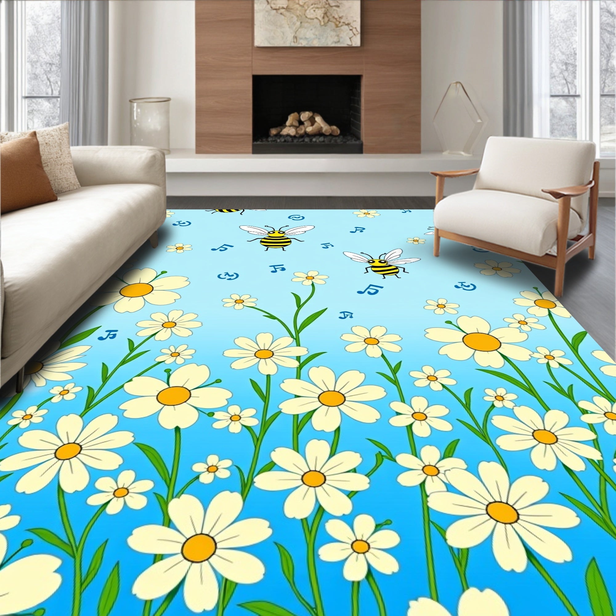 Whimsical Bees And Daisies Meadow Rug
