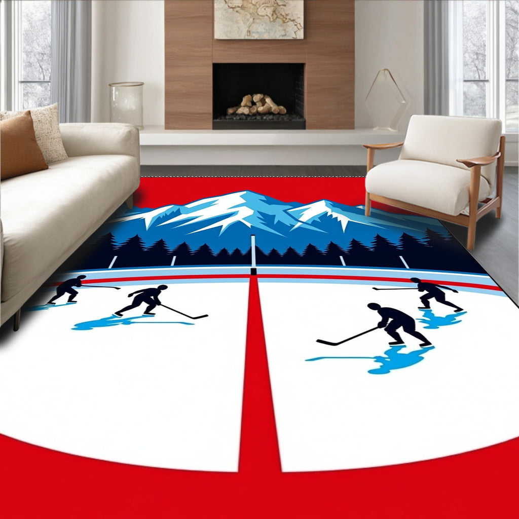 Winter Mountain Hockey Players Scene Rug