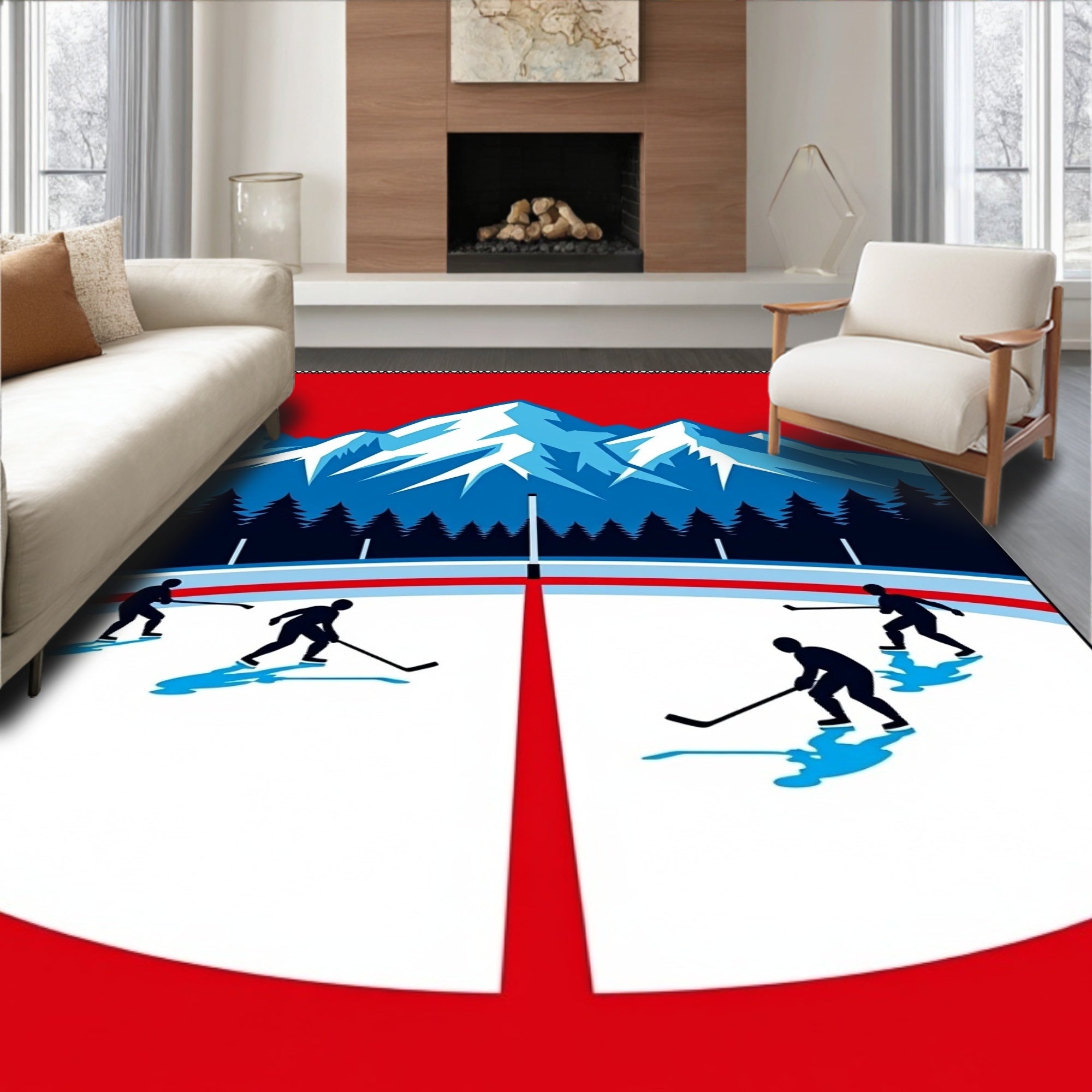 Winter Mountain Hockey Players Scene Rug