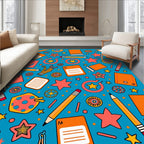 Blue Orange Star School Supplies Scene Rug