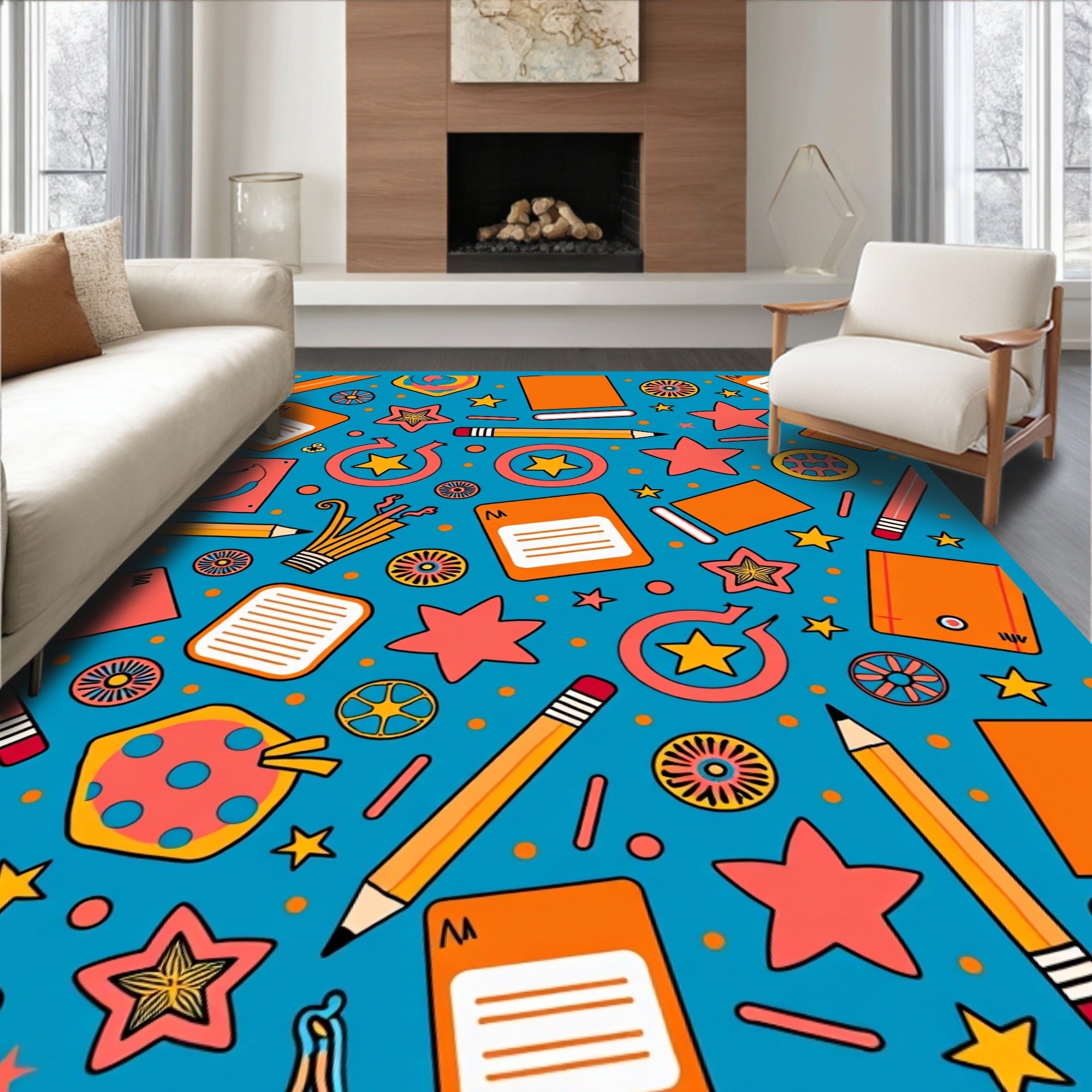 Blue Orange Star School Supplies Scene Rug