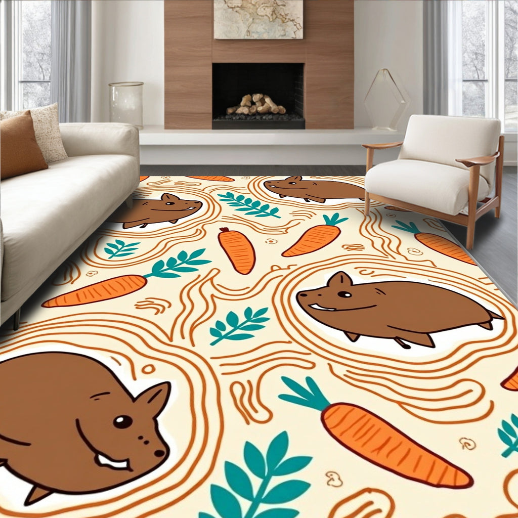 Brown Whimsical Hamster Carrot Sketch Rug