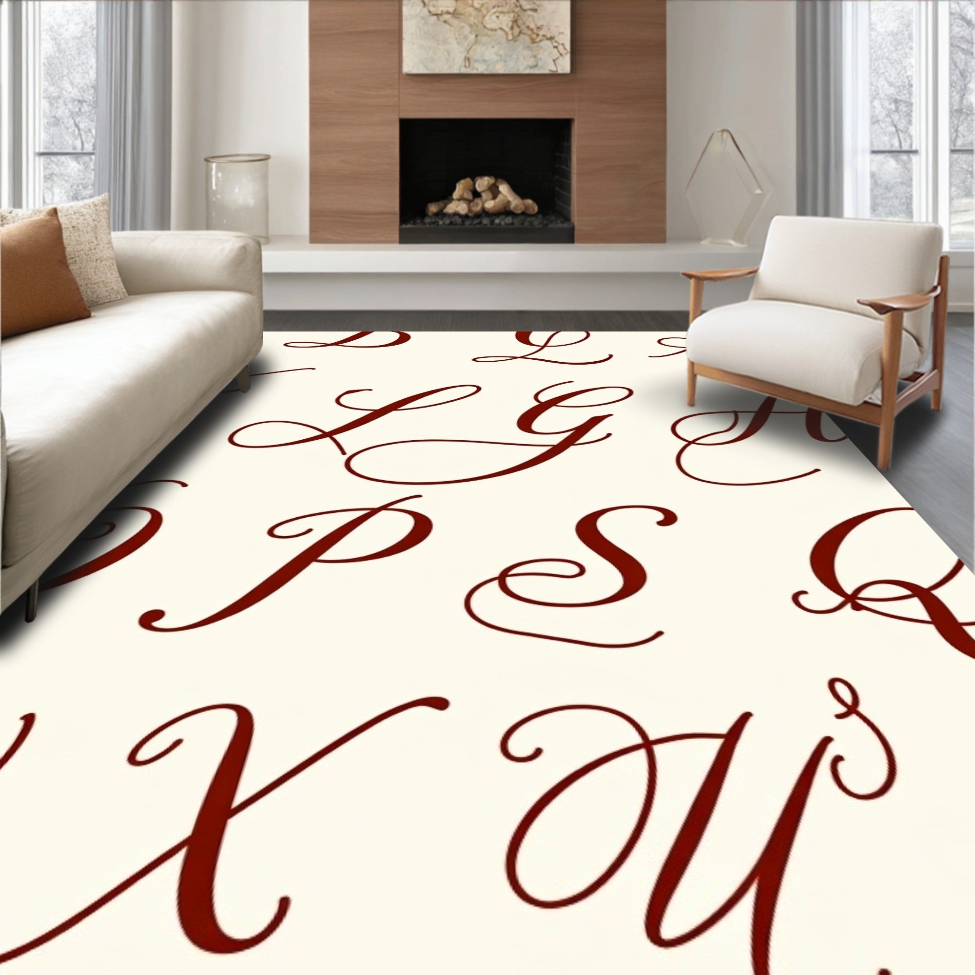Crimson Script Alphabet Collage Rug