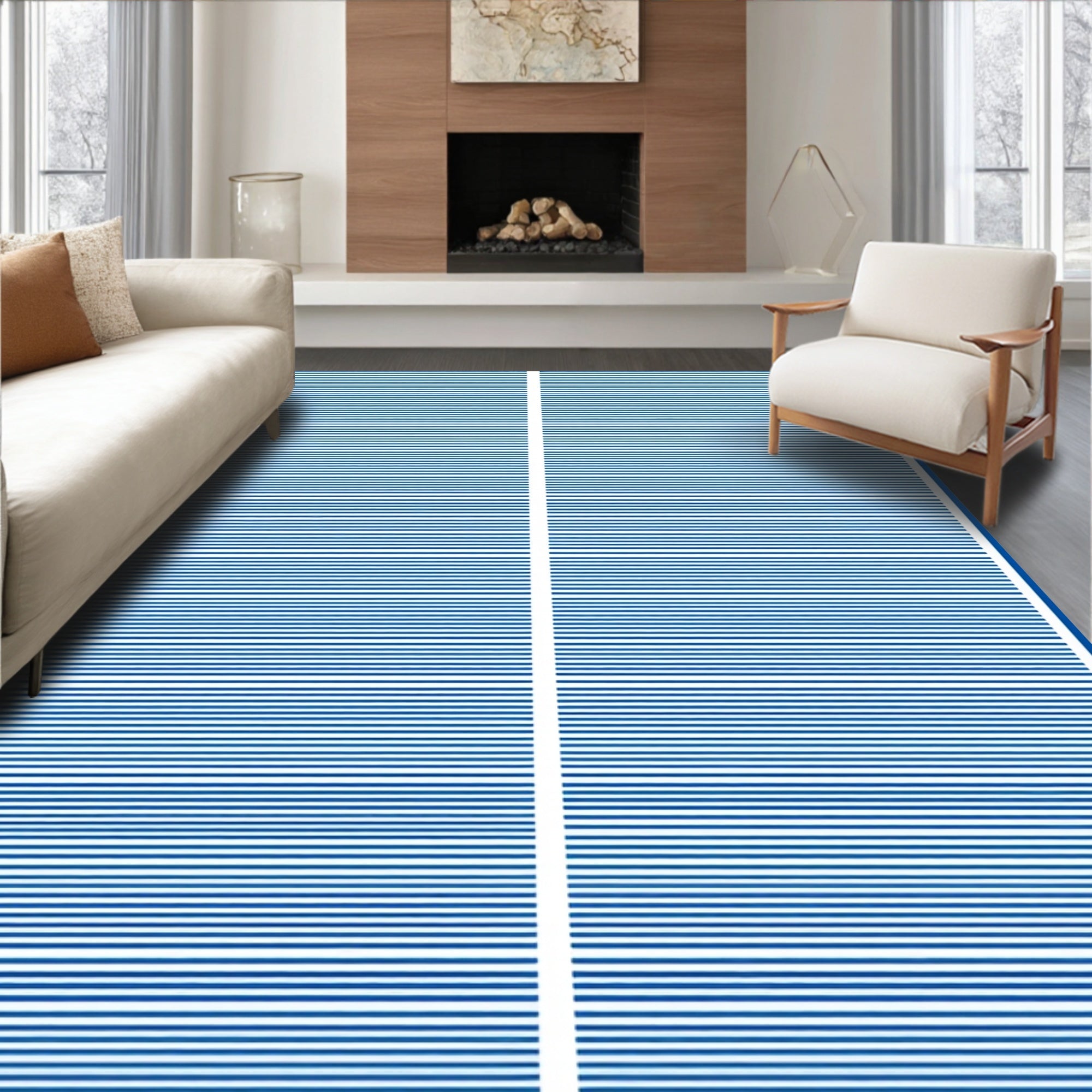 Modern Blue White Striped Line Rug