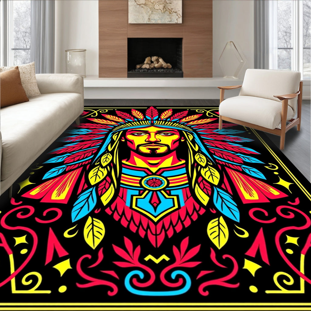 Tribal Chief Red Yellow Blue Feathers Rug