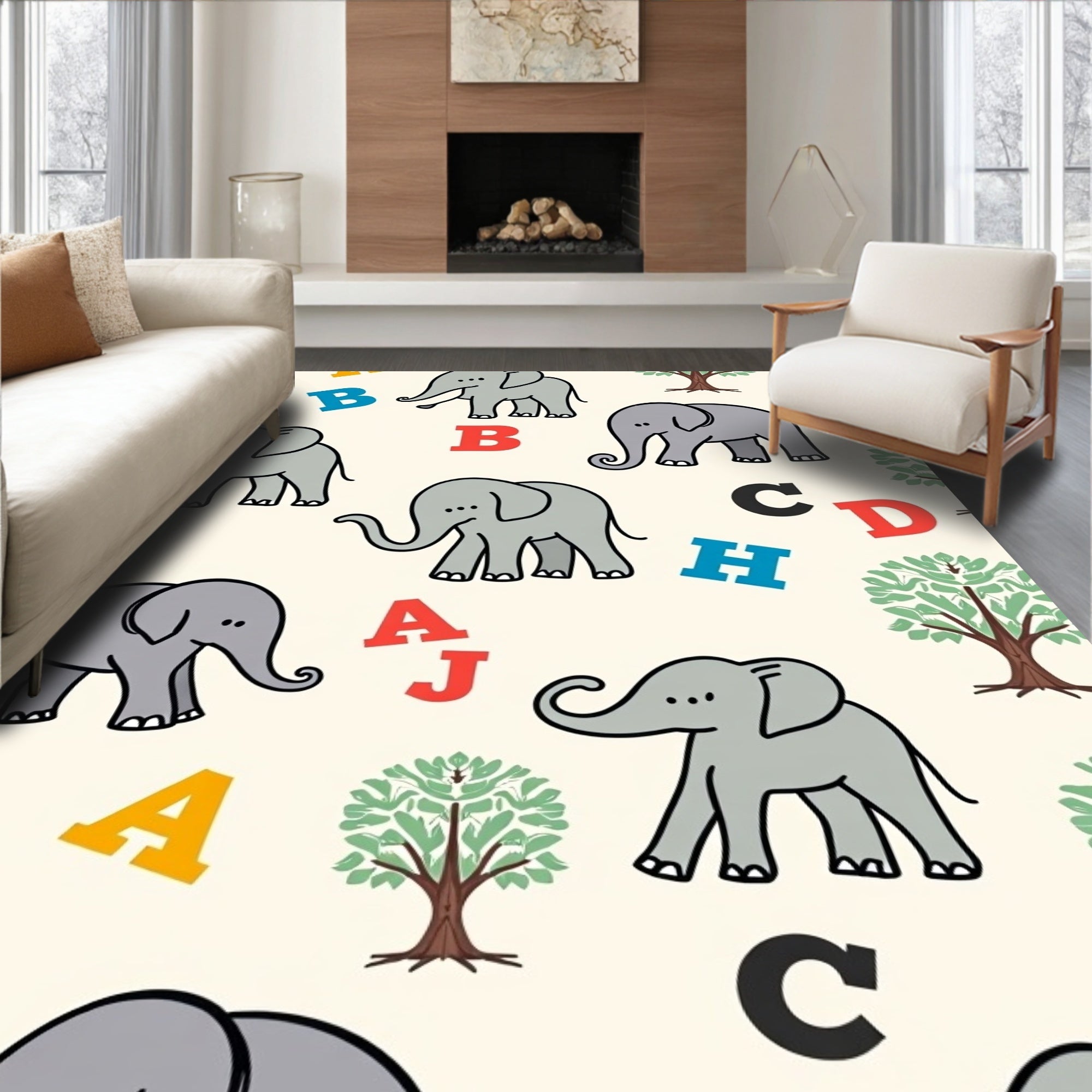 Playful gray elephants alphabet grove Rug