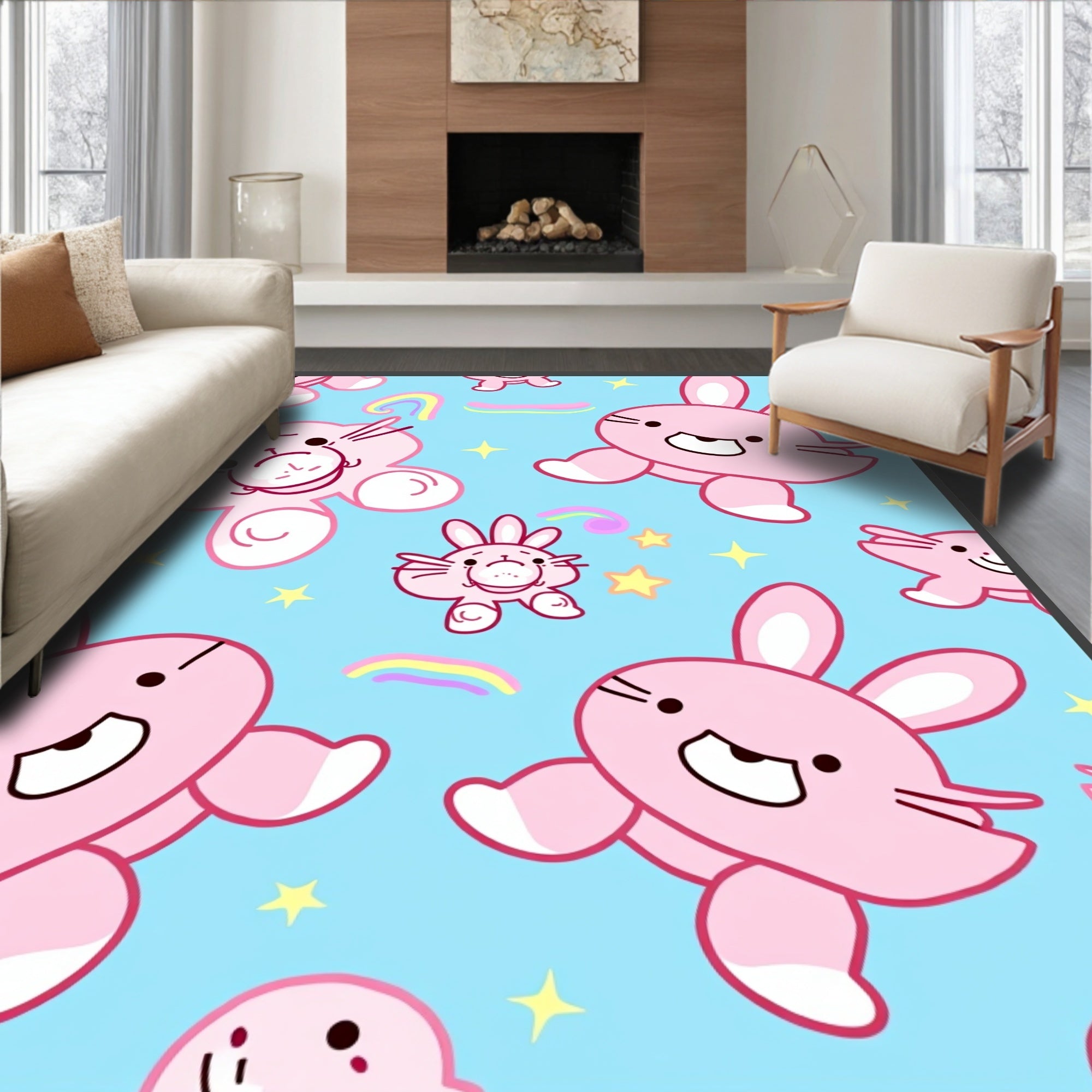 Pink Bunnies Stars Rainbows Aqua Rug