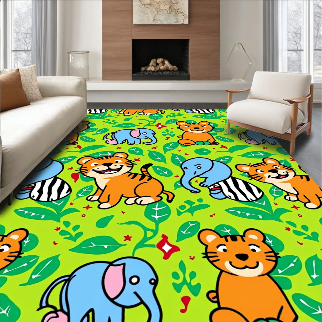 Jungle Animals Tigers Elephants Green Background Rug