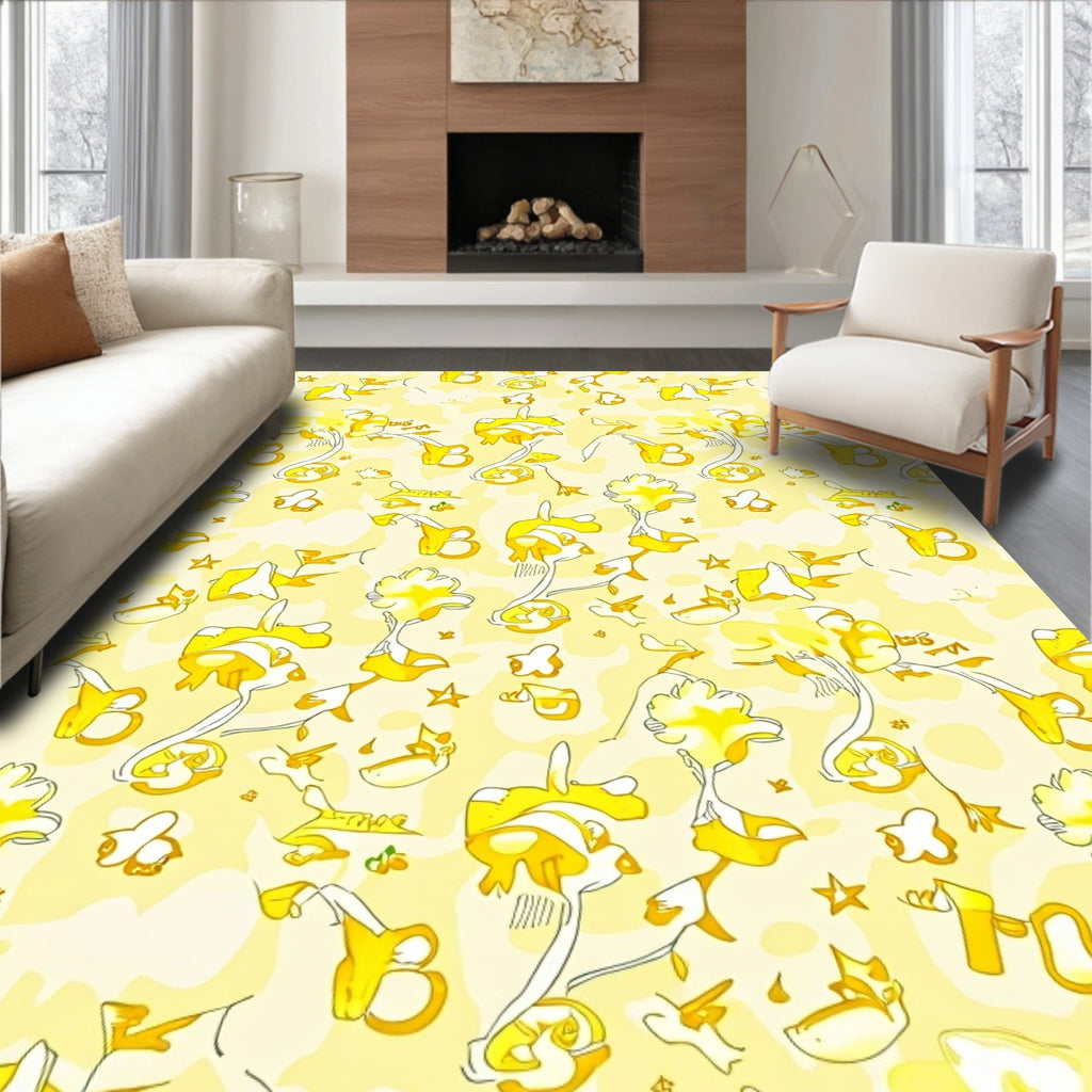 Whimsical Yellow Abstract Flower Clusters Rug