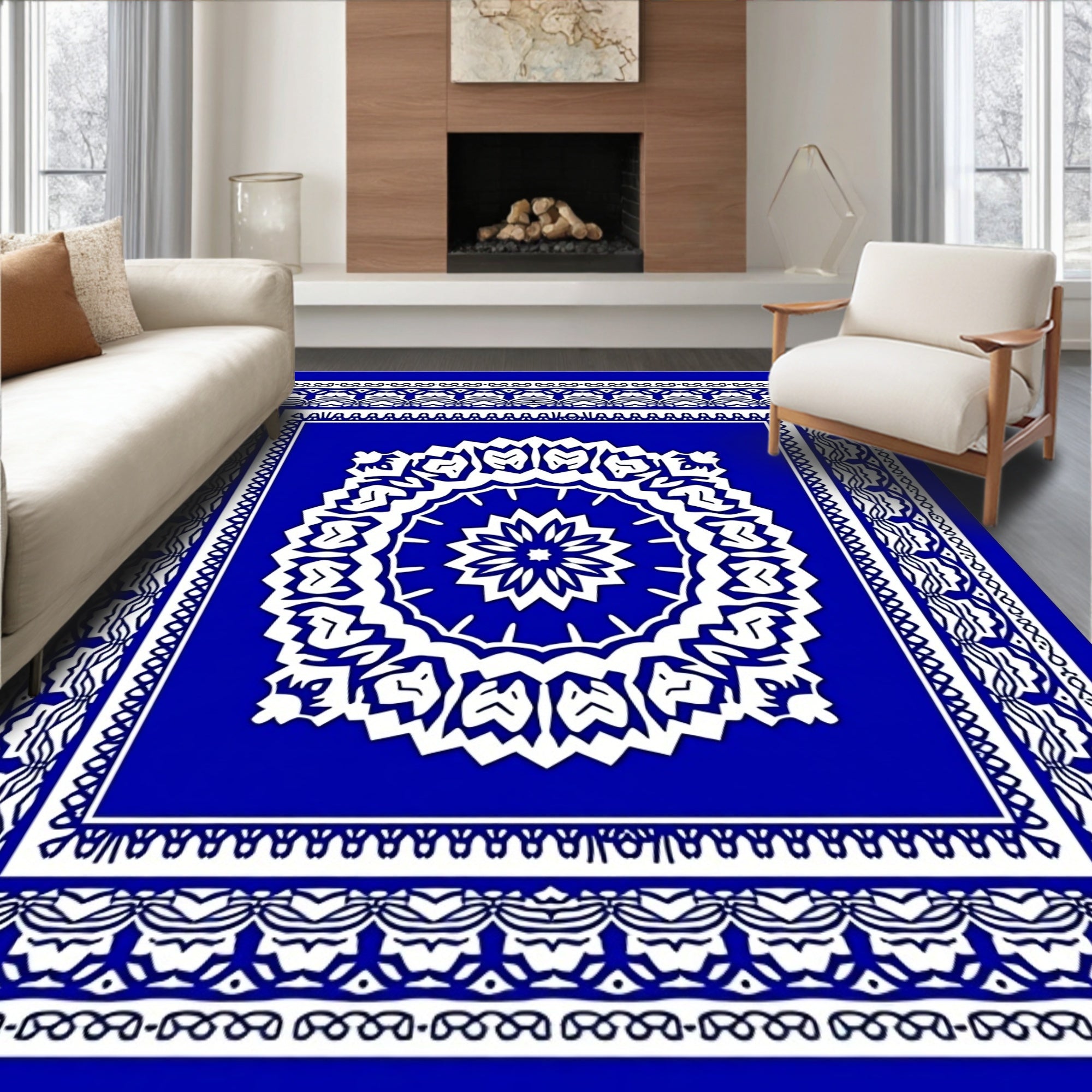 Vibrant Blue White Intricate Medallion Rug