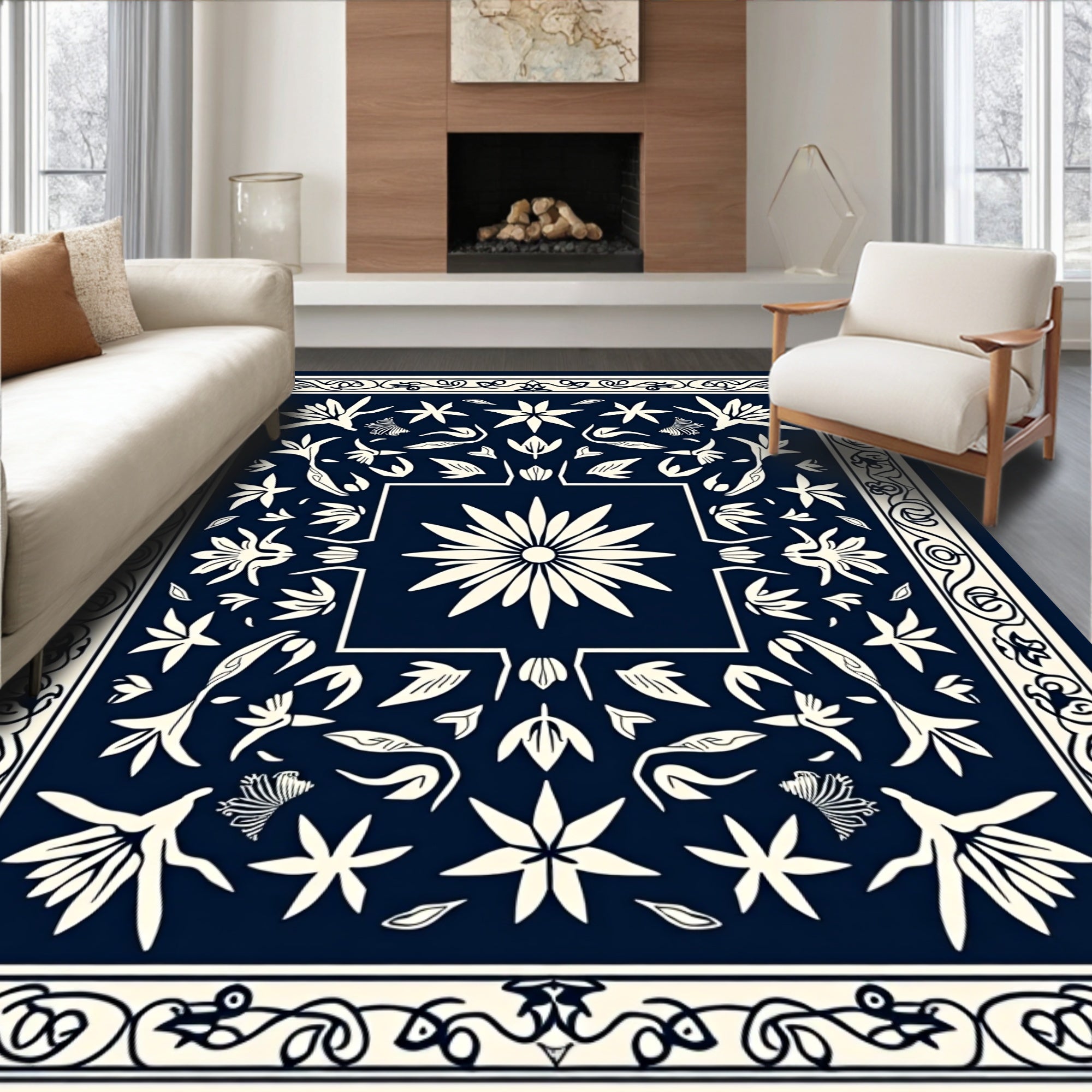Navy Cream Floral Medallion Botanical Rug