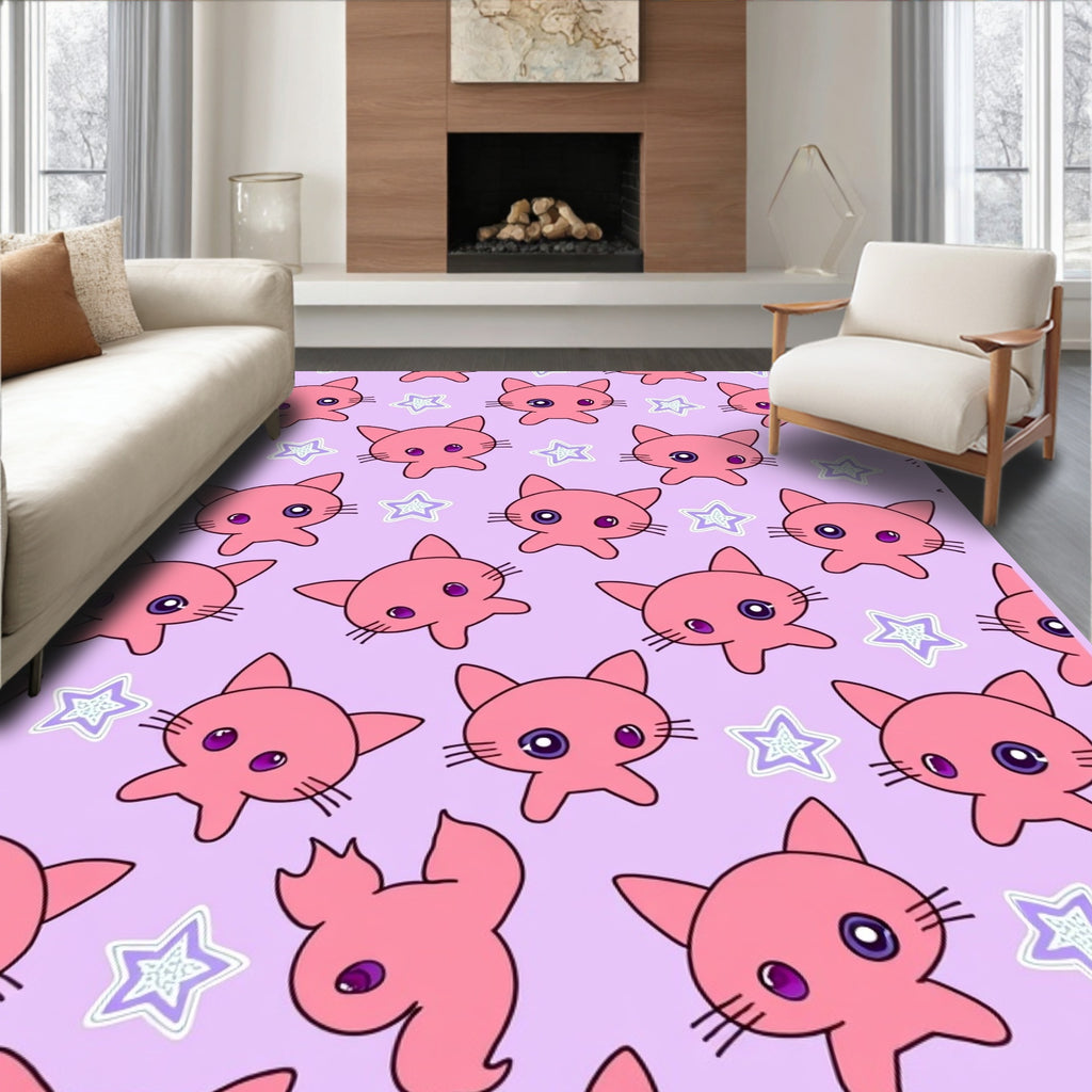 Pink Kawaii Kitty Star Sprinkle Rug