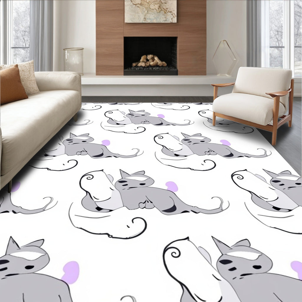 Whimsical Gray Cat Abstract Lilac Spots Rug