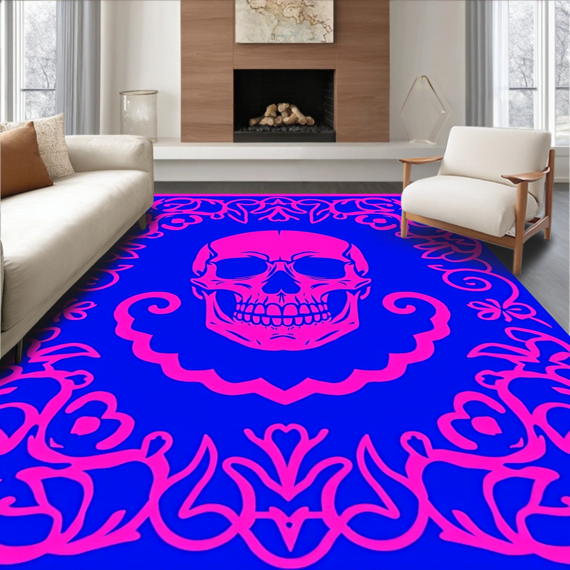 Pink Skull Floral Frame Blue Rug