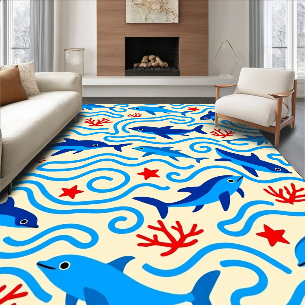Blue Dolphins Coral Swirls Sea Life Rug