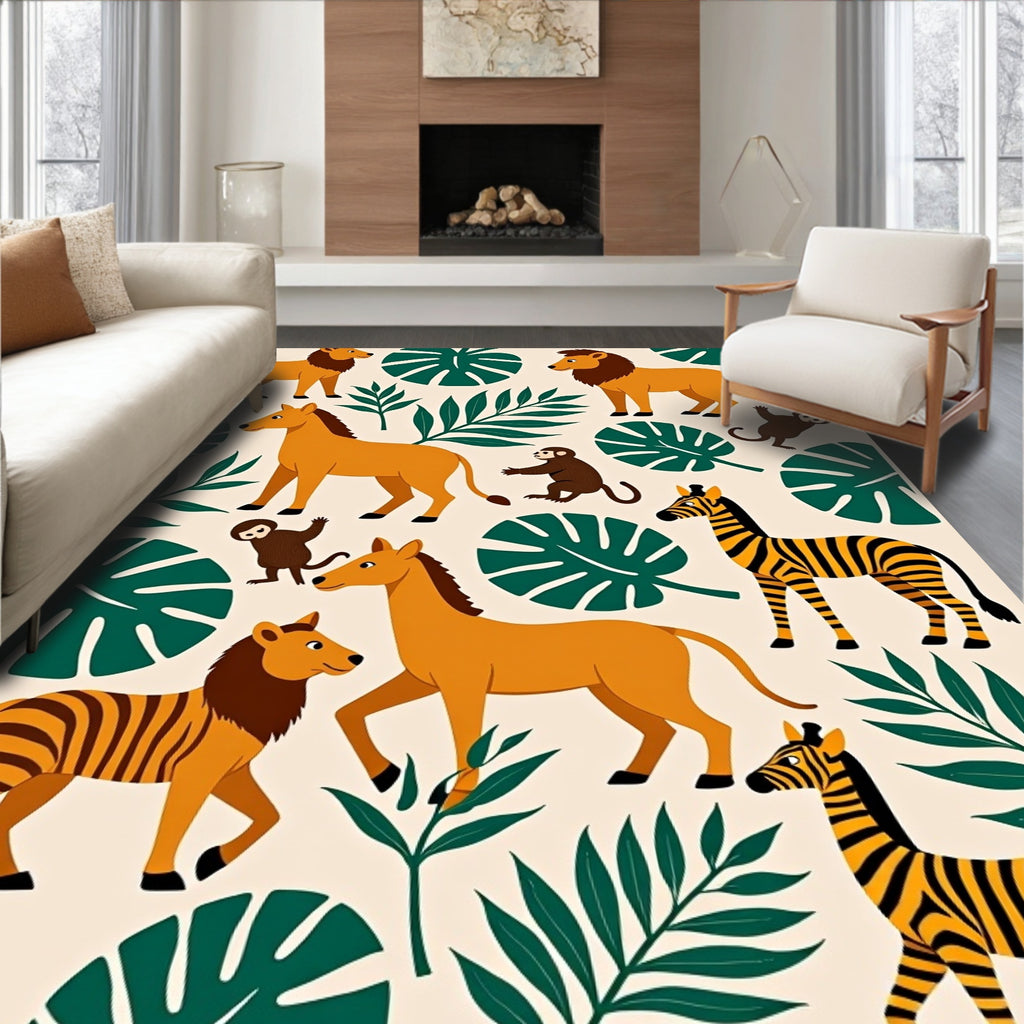 Wild Safari Animals Jungle Foliage Rug