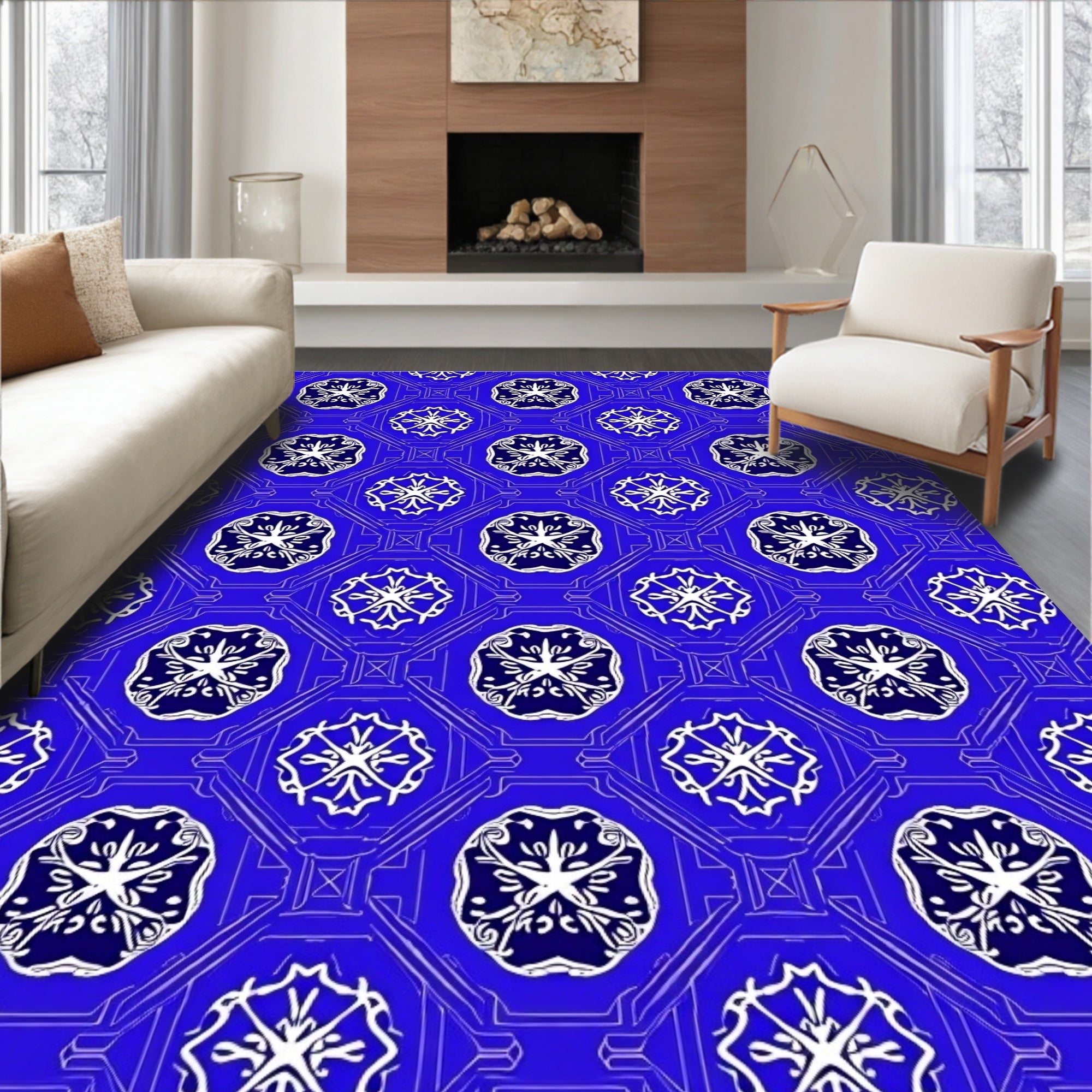 Blue White Geometric Floral Medallion Rug