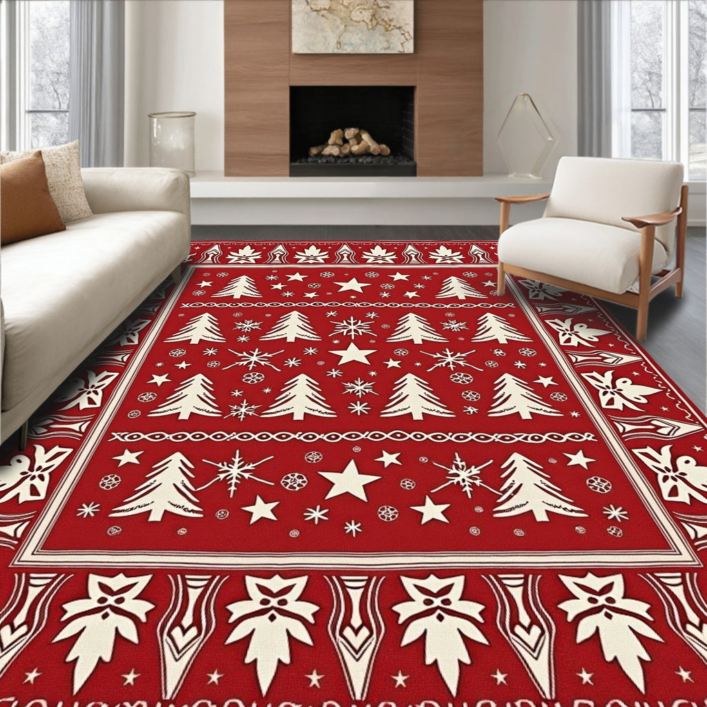 Crimson Festive Christmas Tree Snowflakes Rug