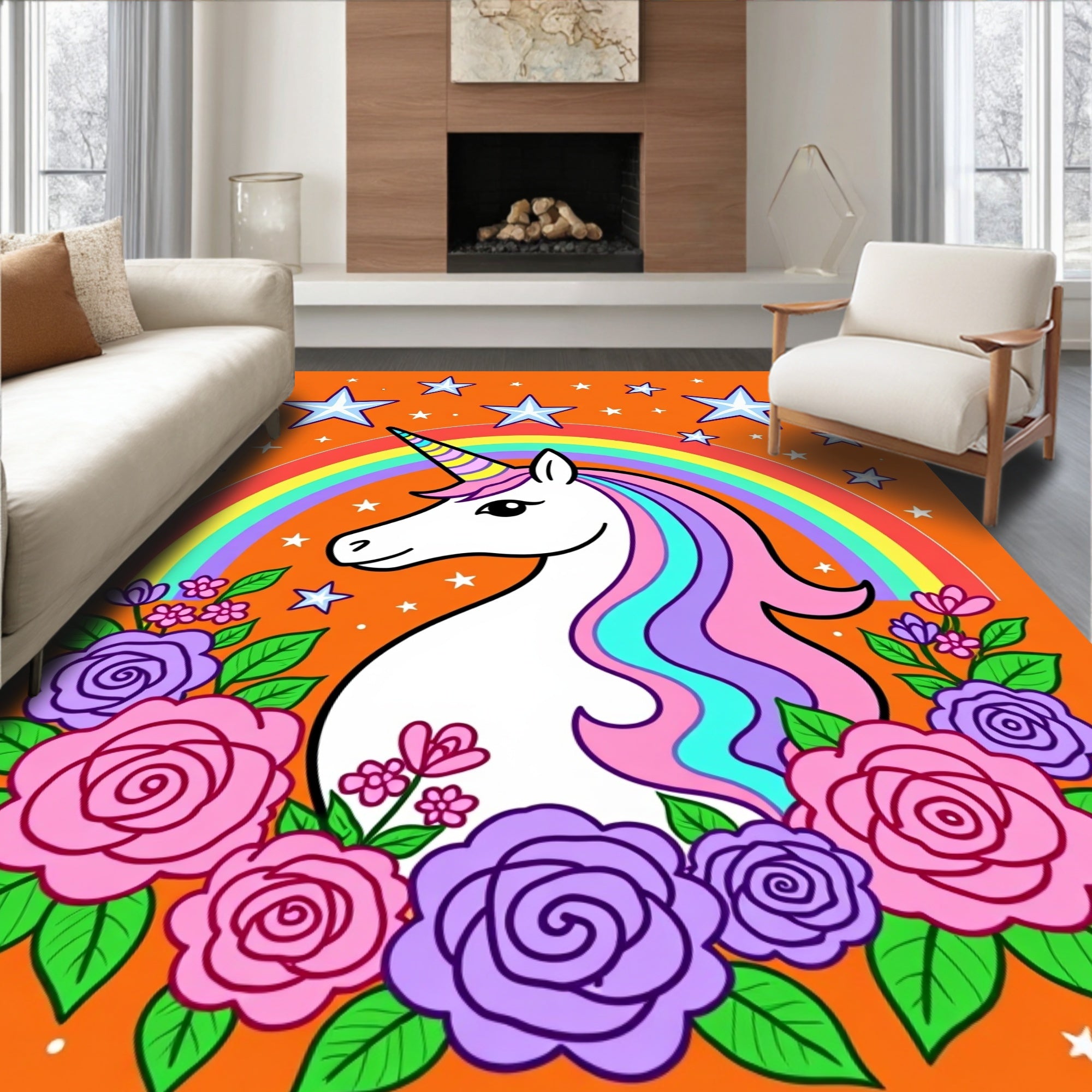 Whimsical Unicorn Rainbow Floral Stars Rug