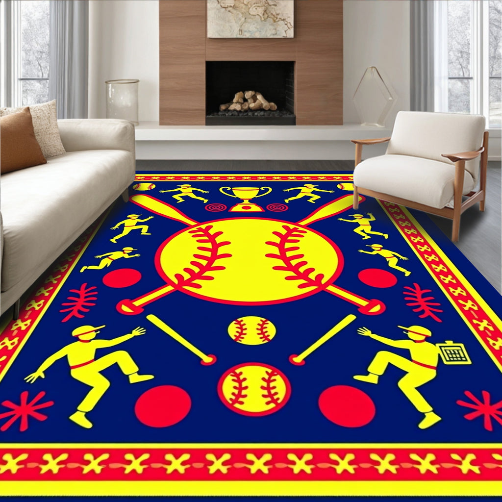 Navy Yellow Red Baseball Game Rug