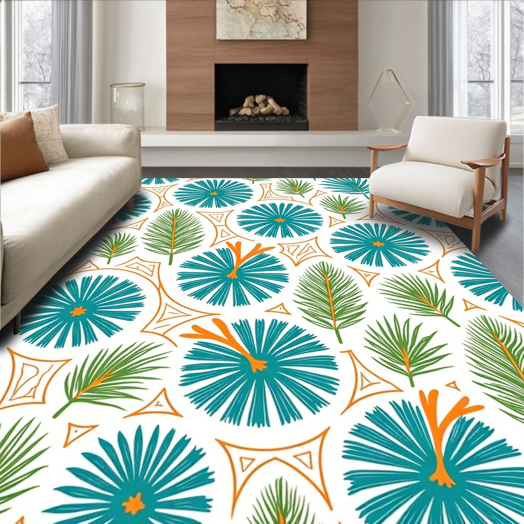 Teal Orange Green Botanical Sunburst Rug