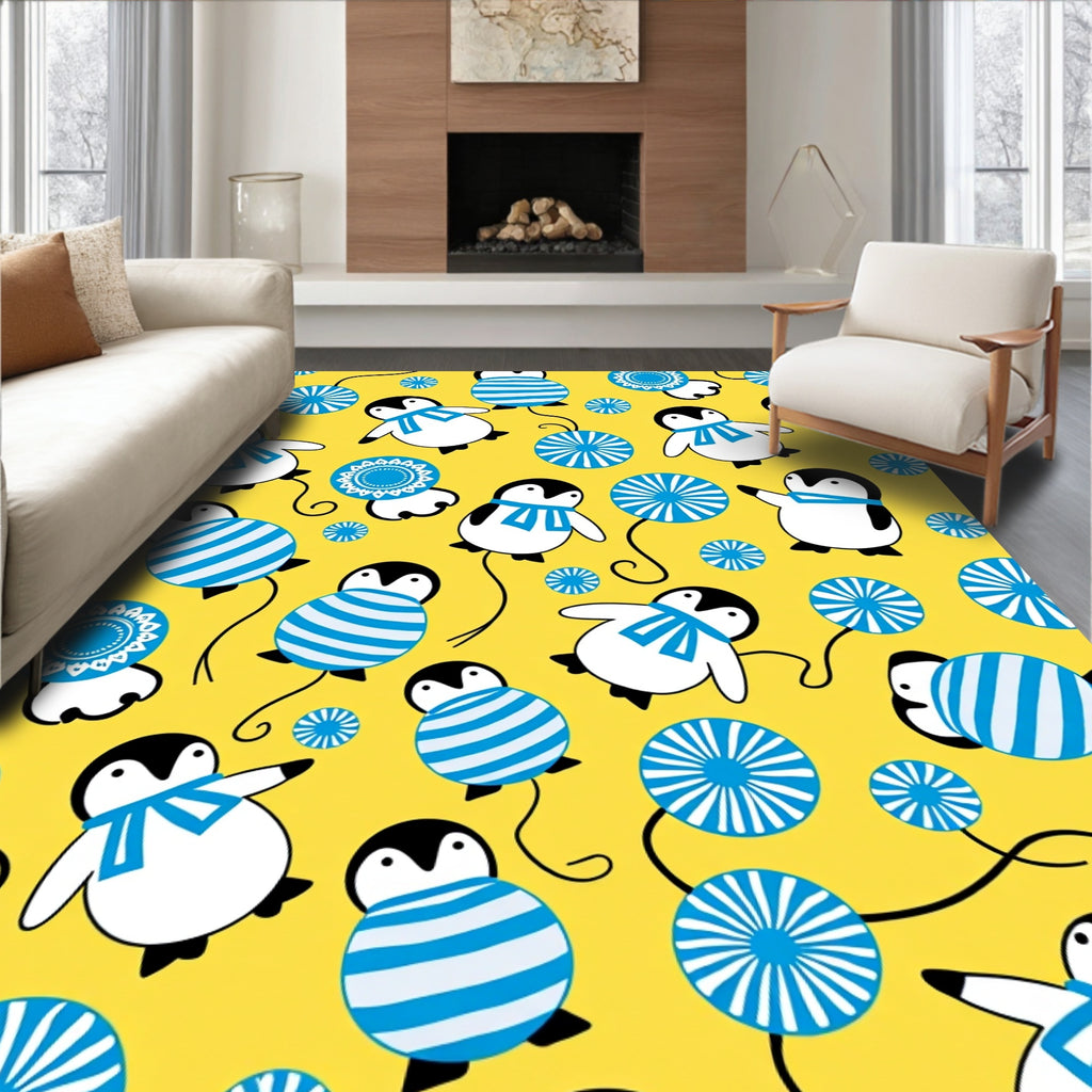 Whimsical Yellow Penguin Blue Scarf Rug