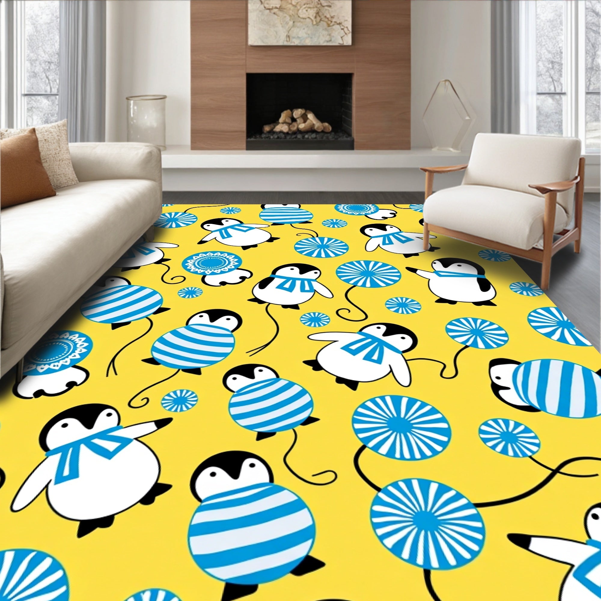 Whimsical Yellow Penguin Blue Scarf Rug