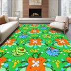 Whimsical Blue Dog Orange Flower Meadow Rug