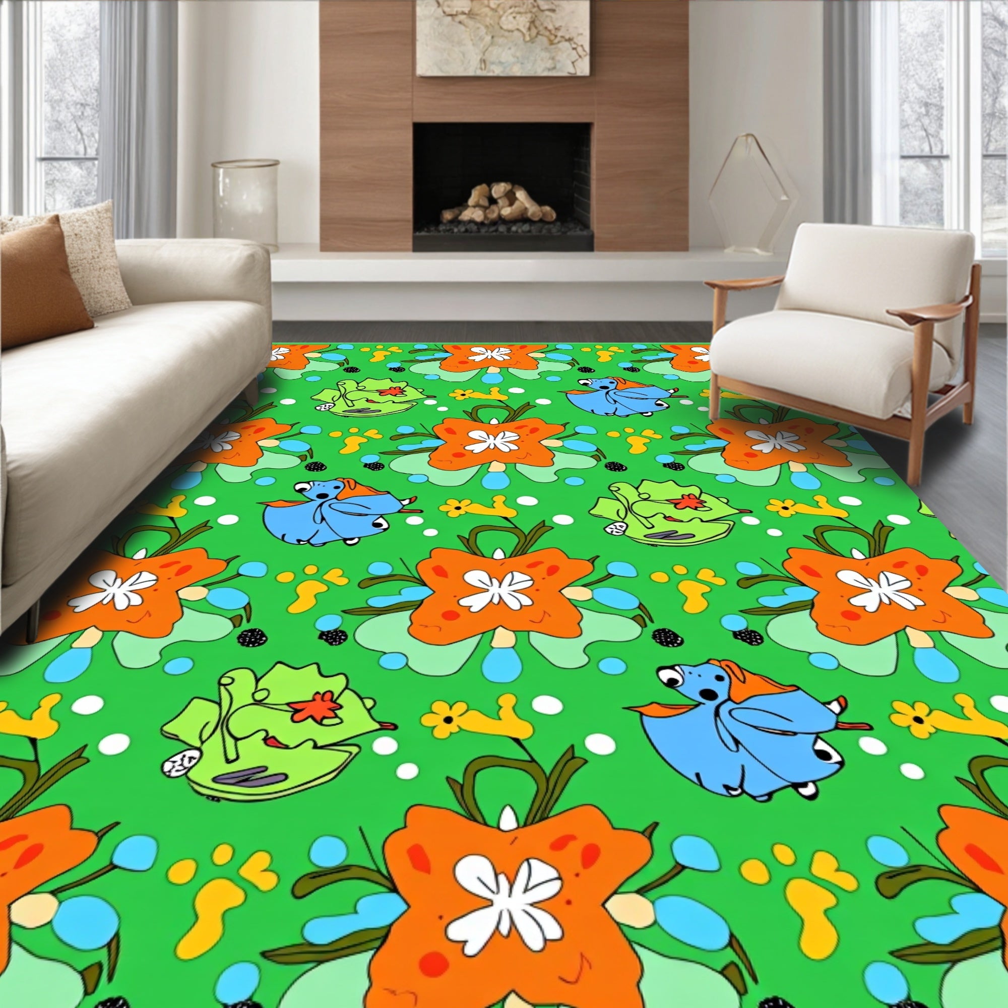 Whimsical Blue Dog Orange Flower Meadow Rug
