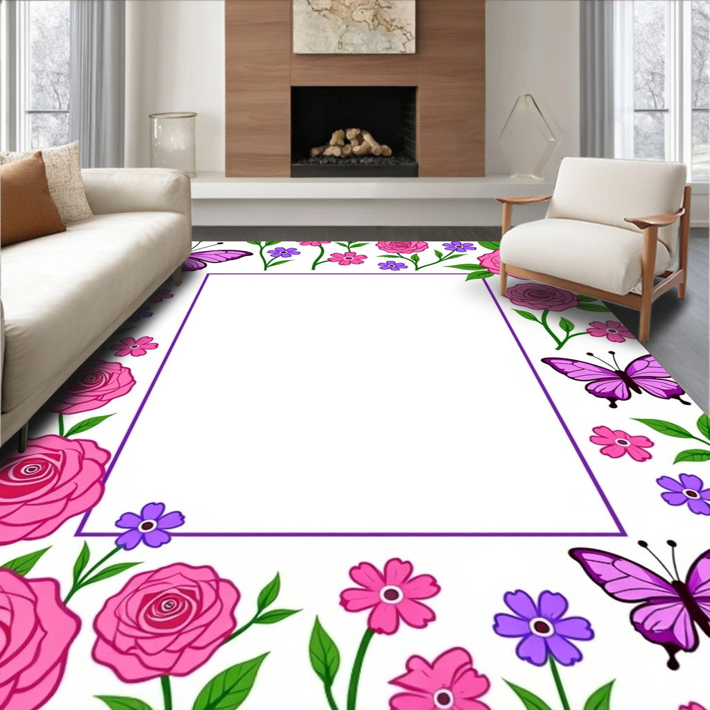 Purple Butterflies and Pink Roses Garden Border Rug