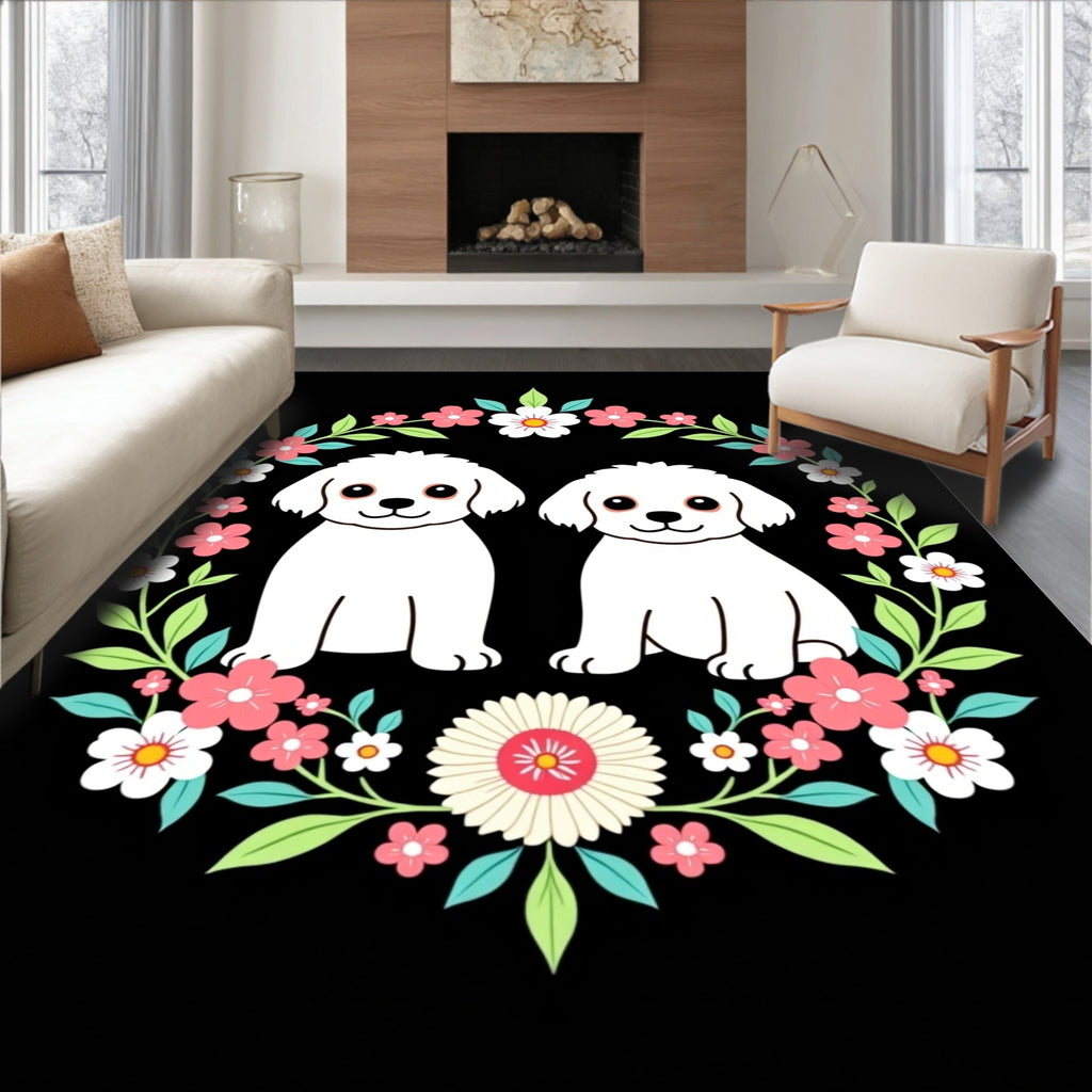 Whimsical White Puppy Floral Wreath Rug