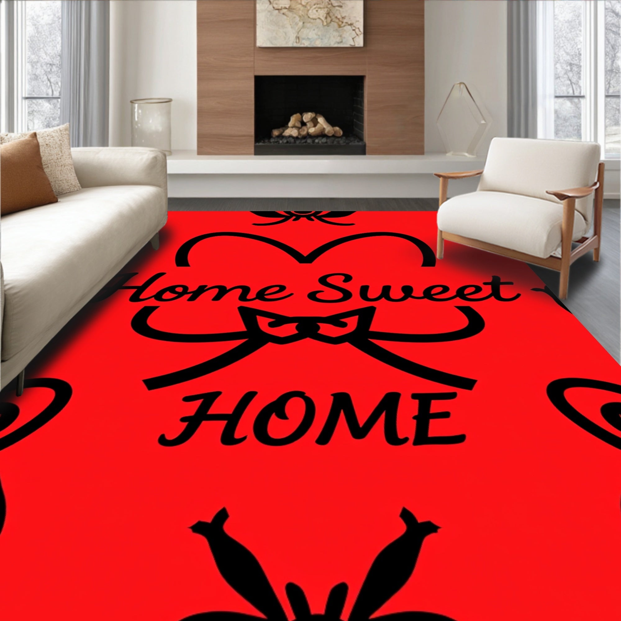 Red Black Heart Swirl Decorative Rug