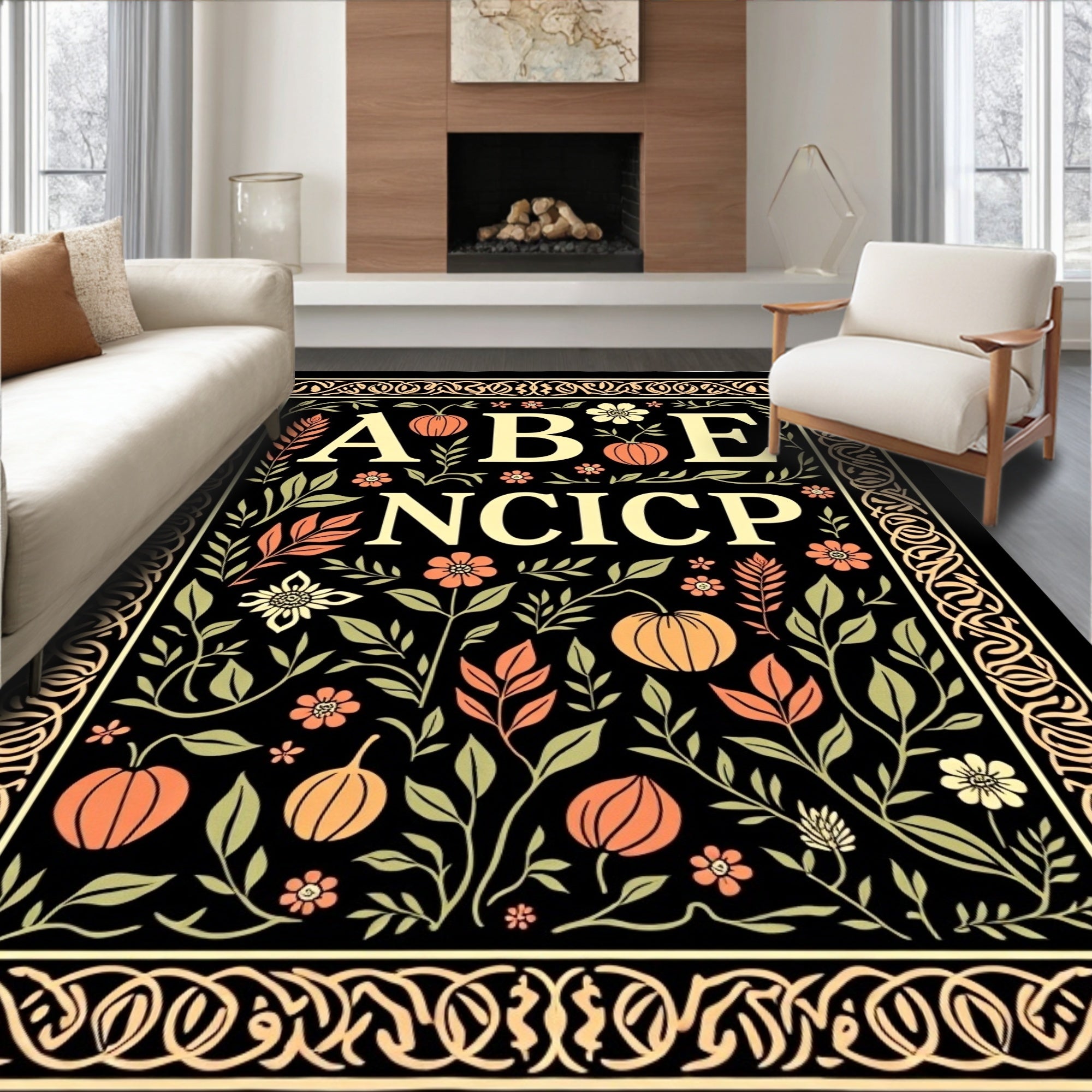 Alphabet Garden Fruit Scrollwork Rug