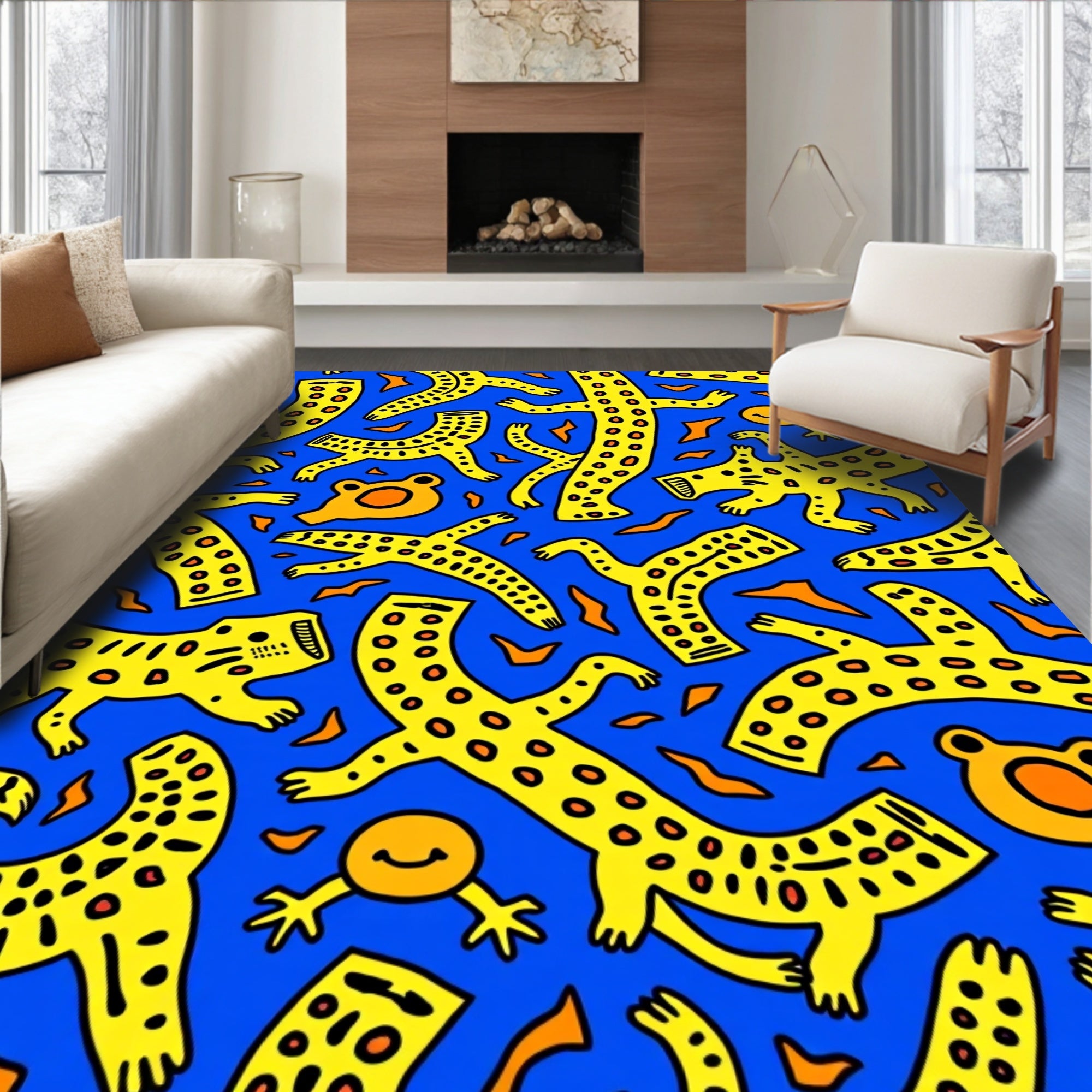 Bright Yellow Leopard Dance Abstract Rug