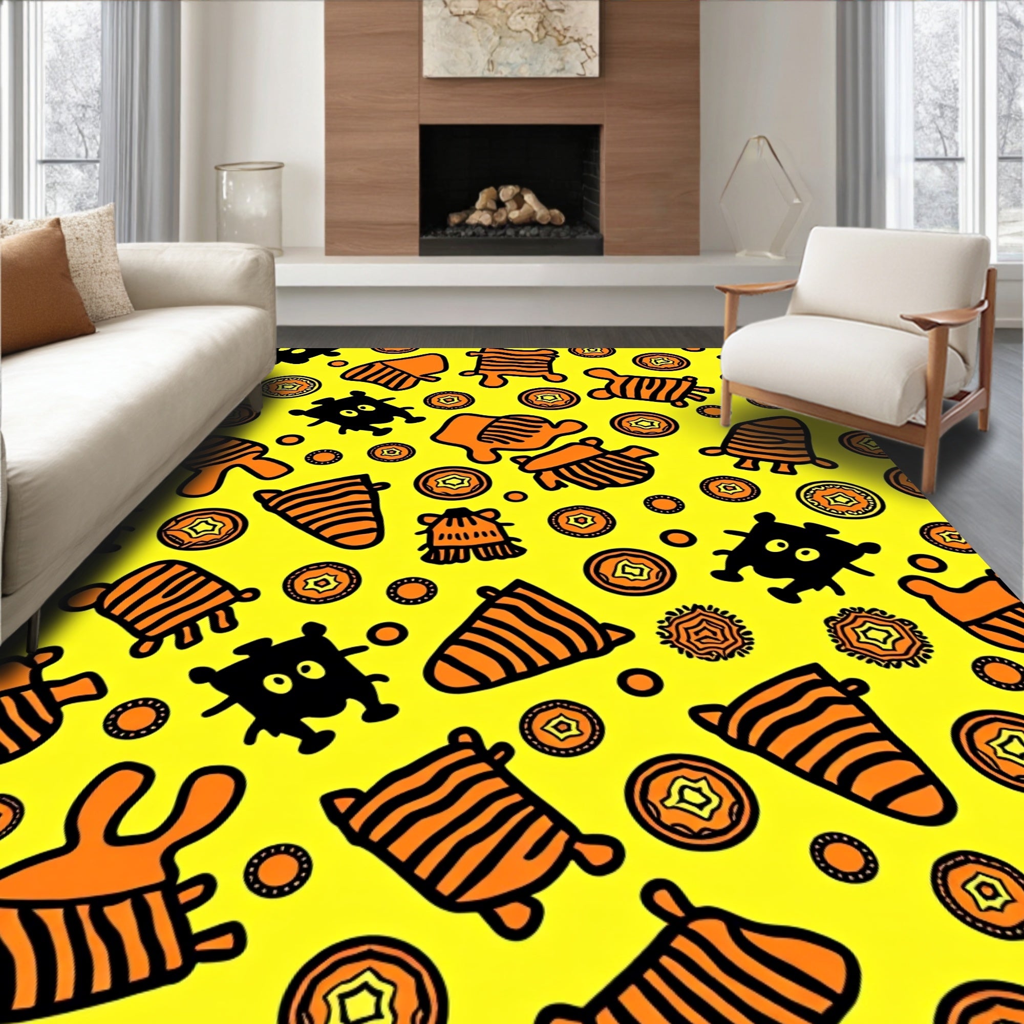 Tribal Creatures Orange Yellow Rug