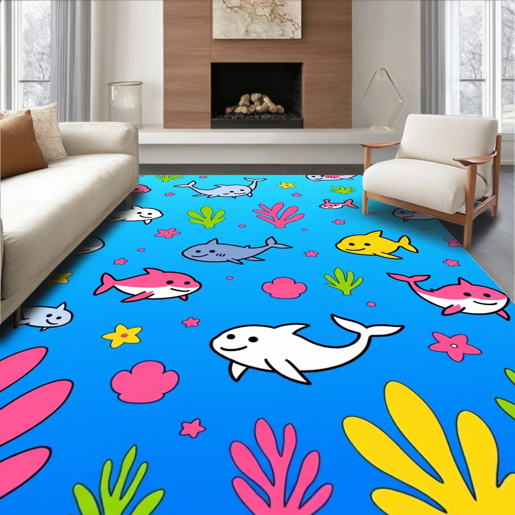 Bright Blue Ocean Shark Friends Rug