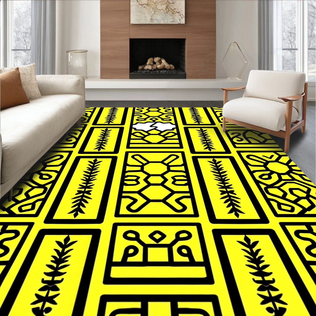 Bright Yellow Rectangular Folk Art Collage Rug