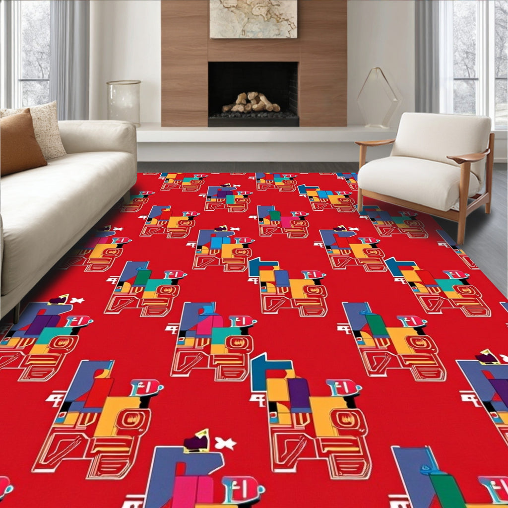 Colorful Red Abstract Geometric Blocks Rug