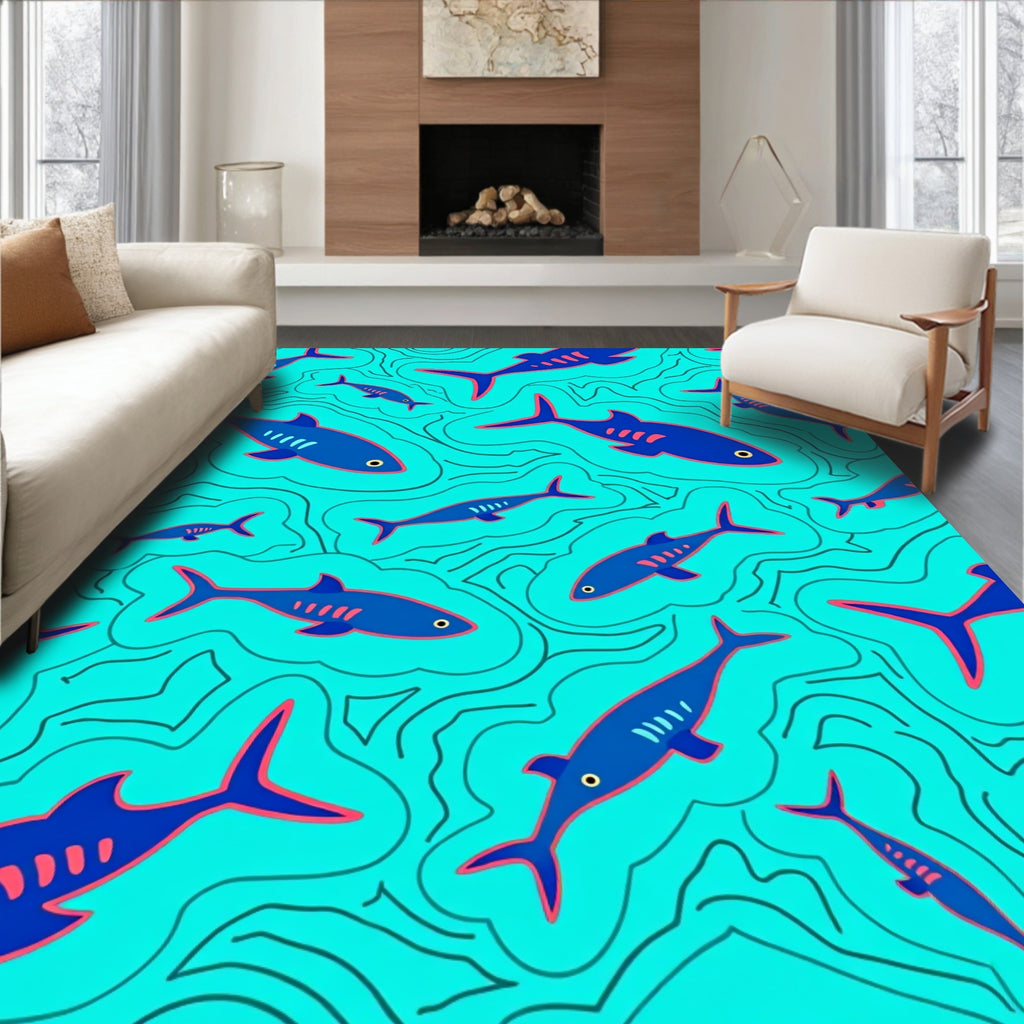 Marine Blue Fish Ocean Swirls Rug