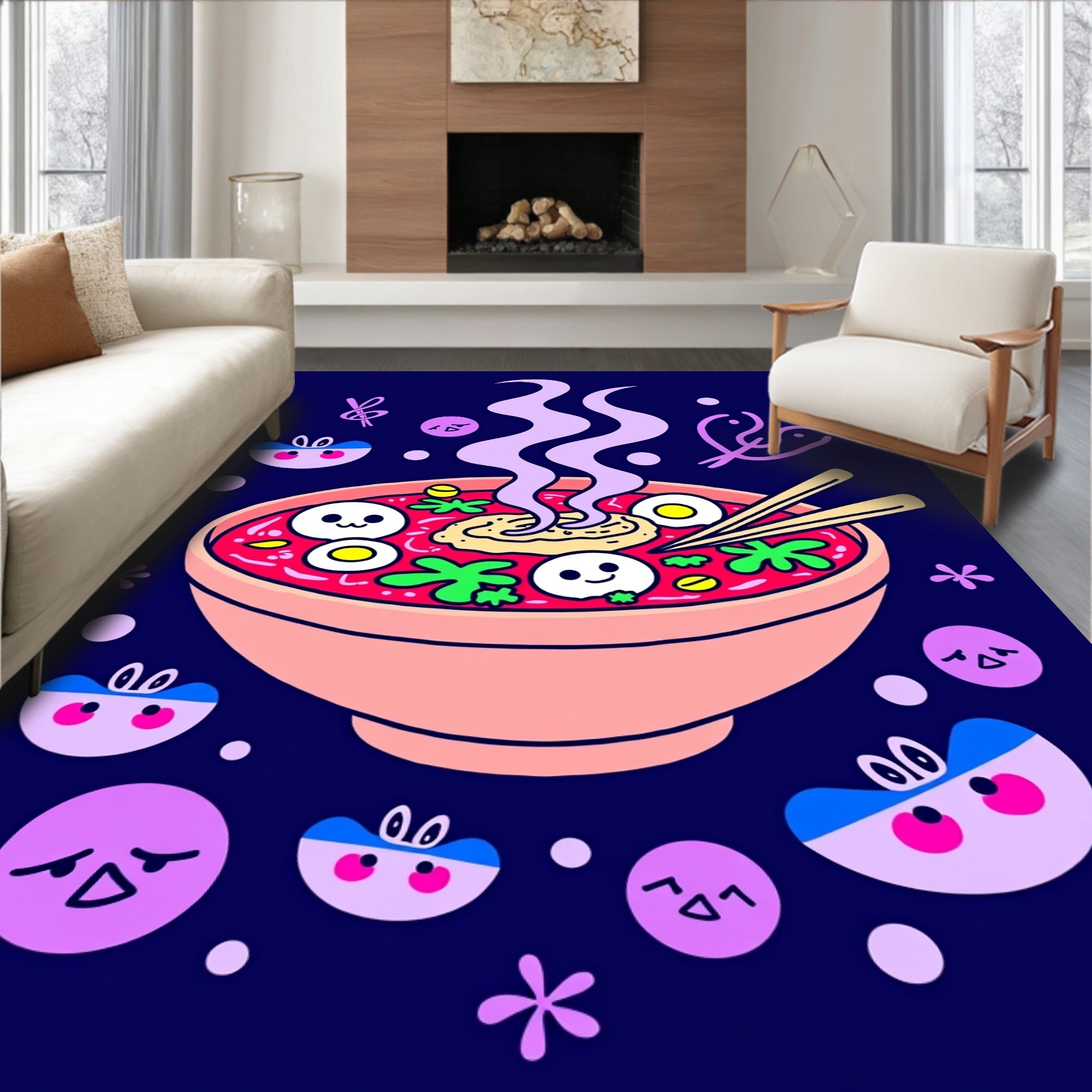 Cute Kawaii Noodle Bowl Characters Rug