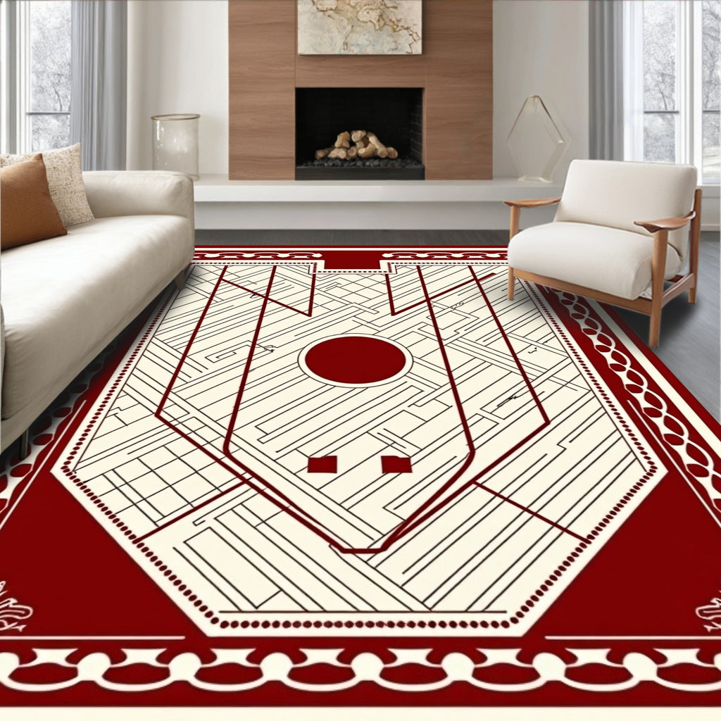 Crimson Labyrinth Geometric Shield Rug