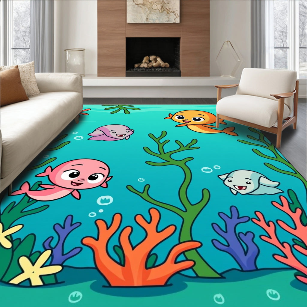 Cute Ocean Friends Coral Reef Scene Rug